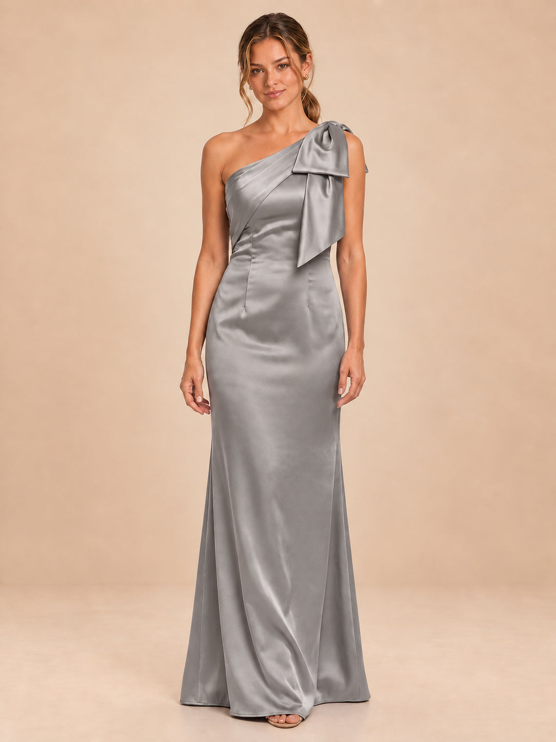 One-Shoulder Bow Satin Bridesmaid Dress