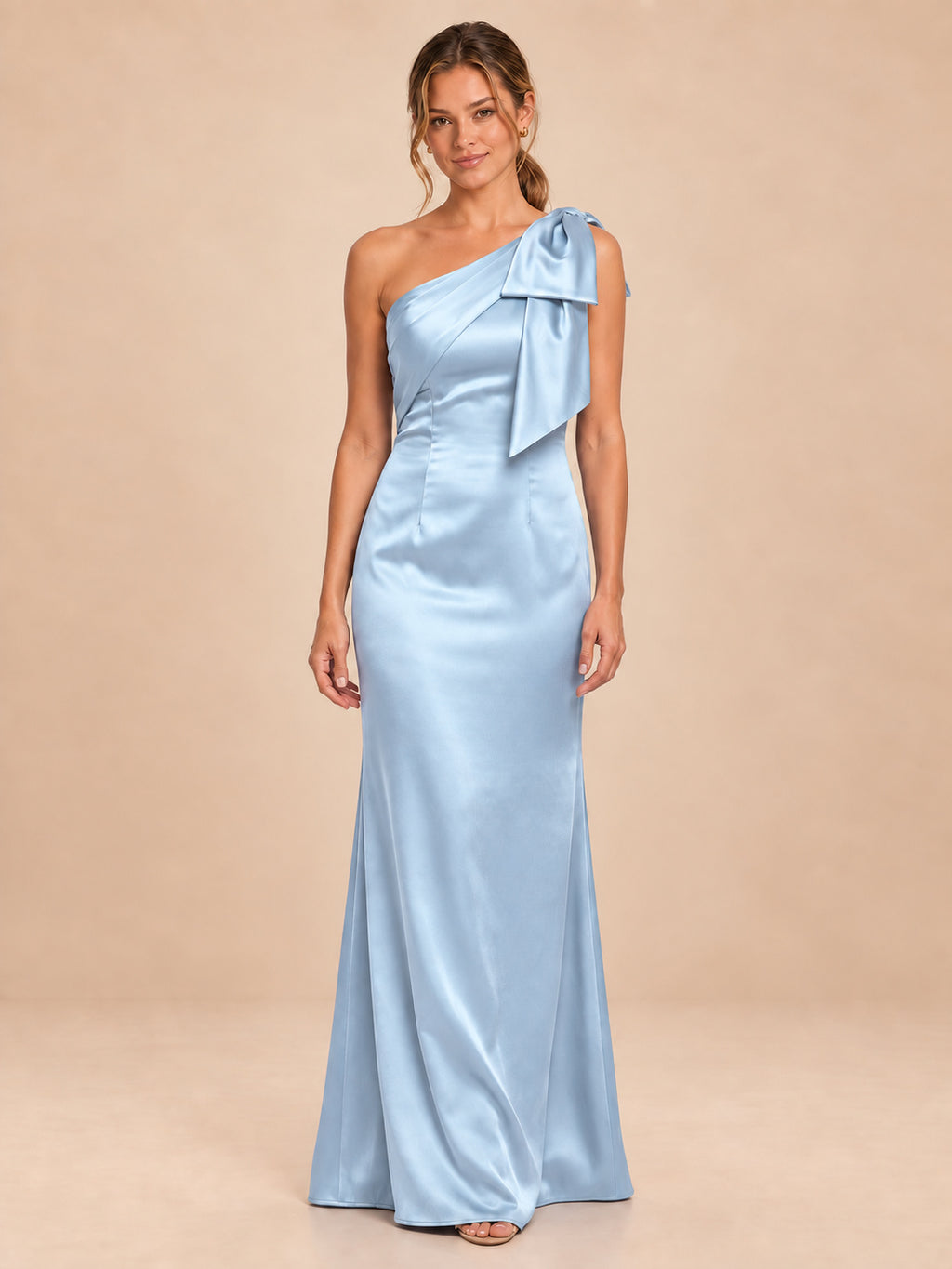 One-Shoulder Bow Satin Bridesmaid Dress