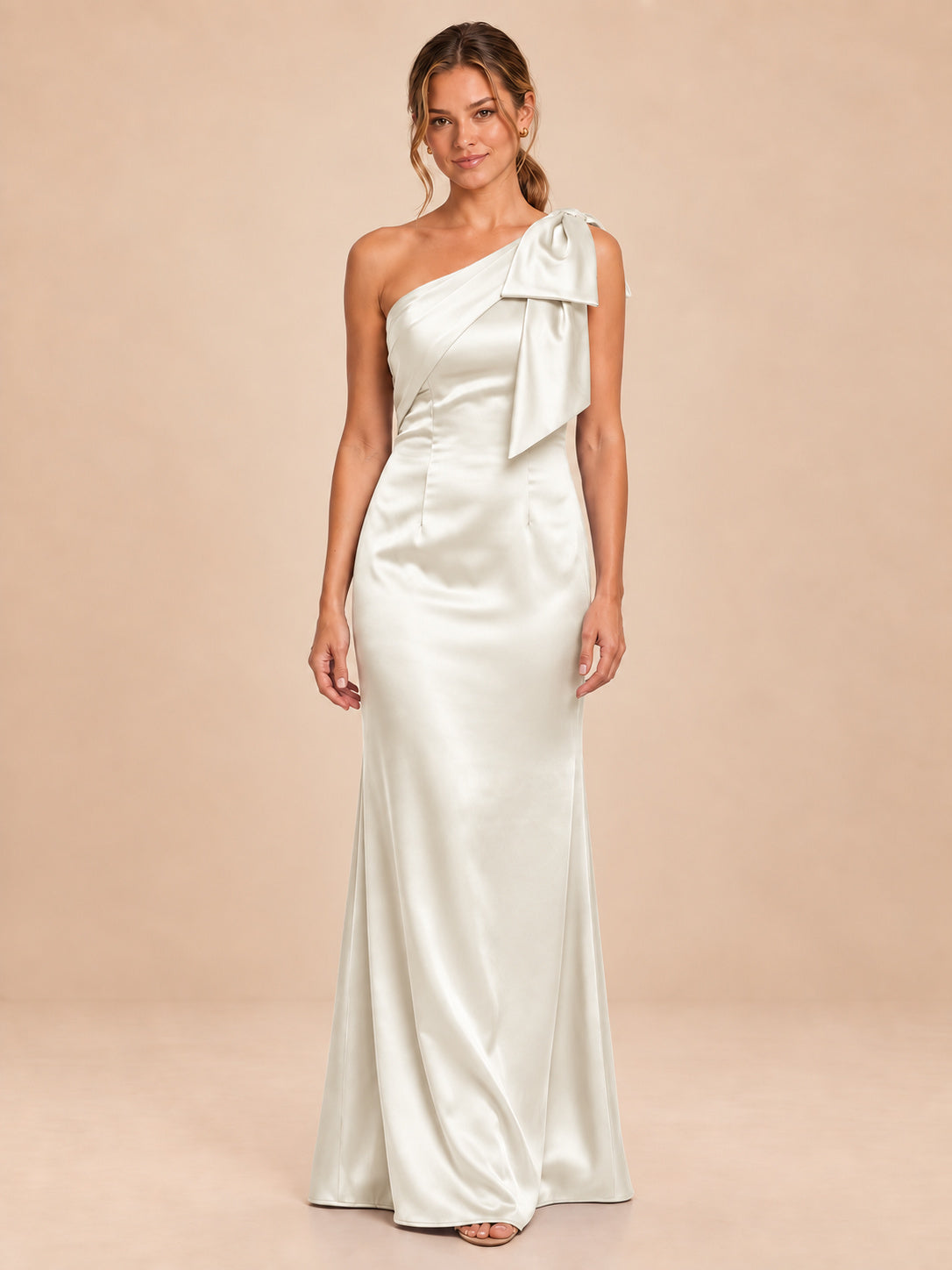 One-Shoulder Bow Satin Bridesmaid Dress