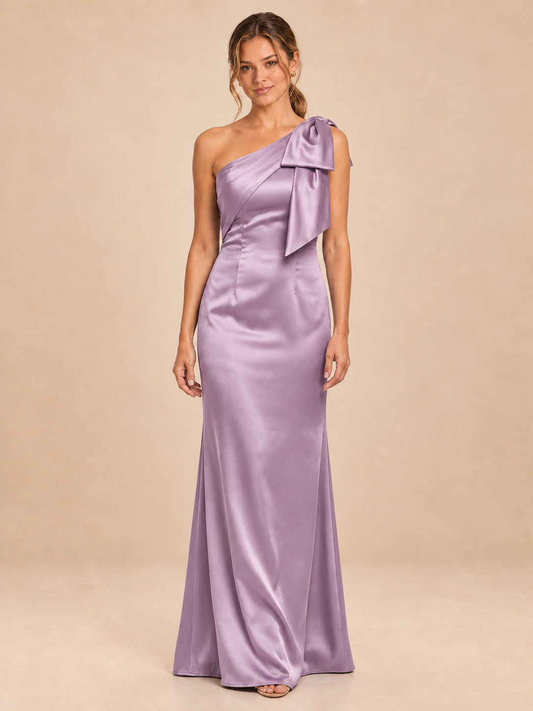 One-Shoulder Bow Satin Bridesmaid Dress