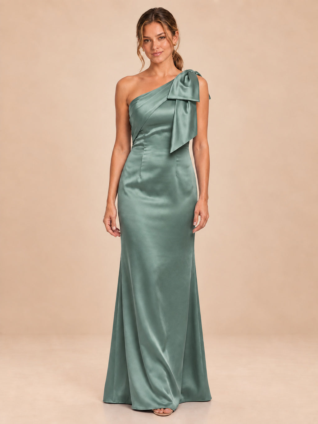 One-Shoulder Bow Satin Bridesmaid Dress