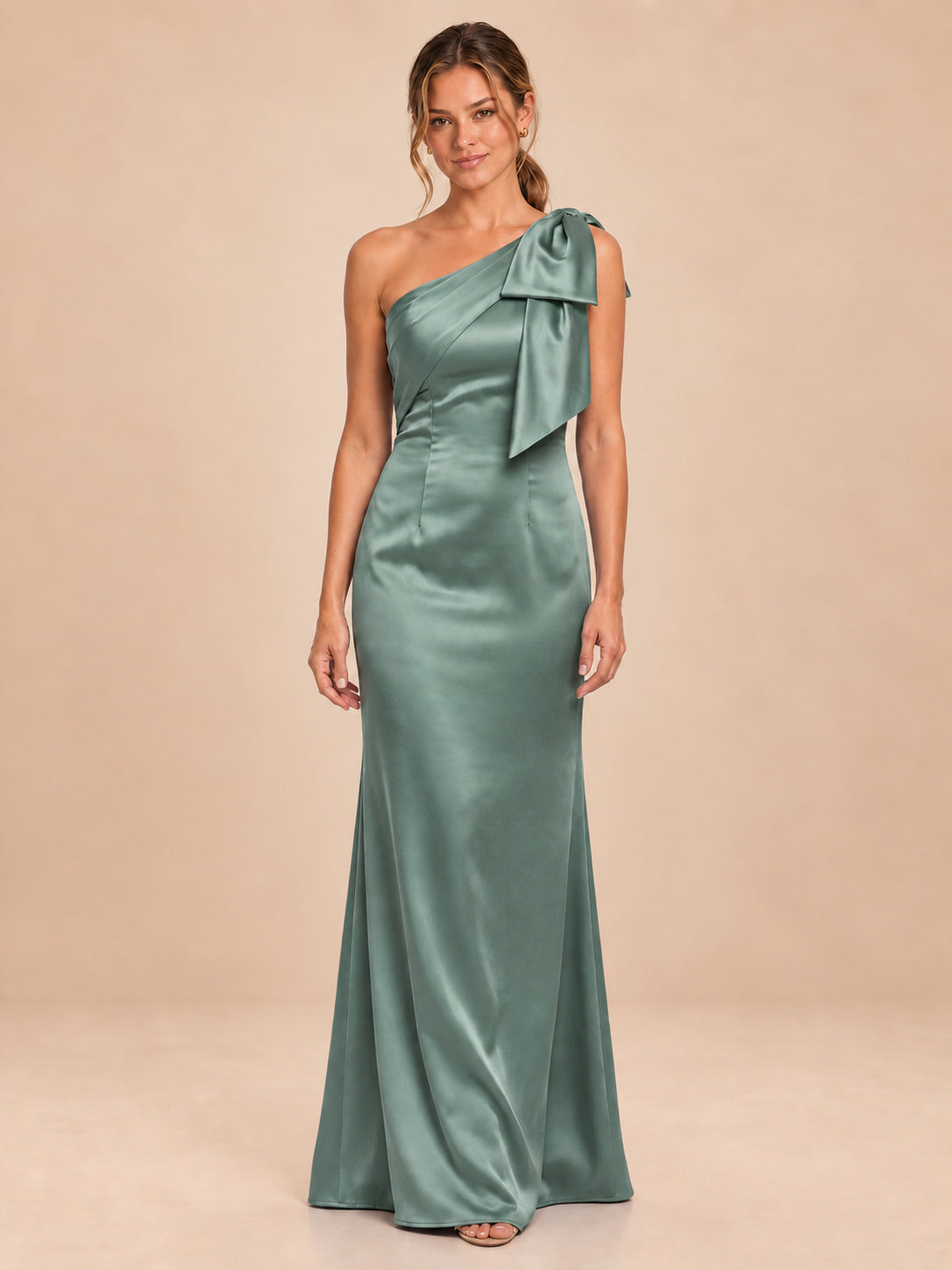 One-Shoulder Bow Satin Bridesmaid Dress