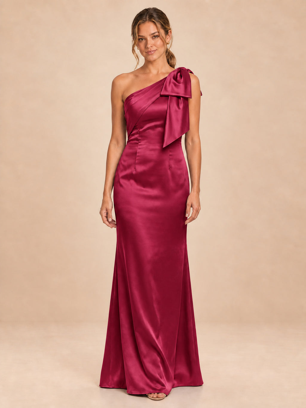 One-Shoulder Bow Satin Bridesmaid Dress