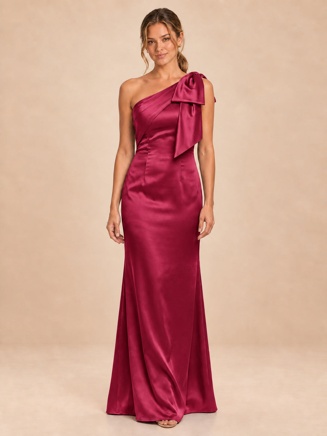 One-Shoulder Bow Satin Bridesmaid Dress