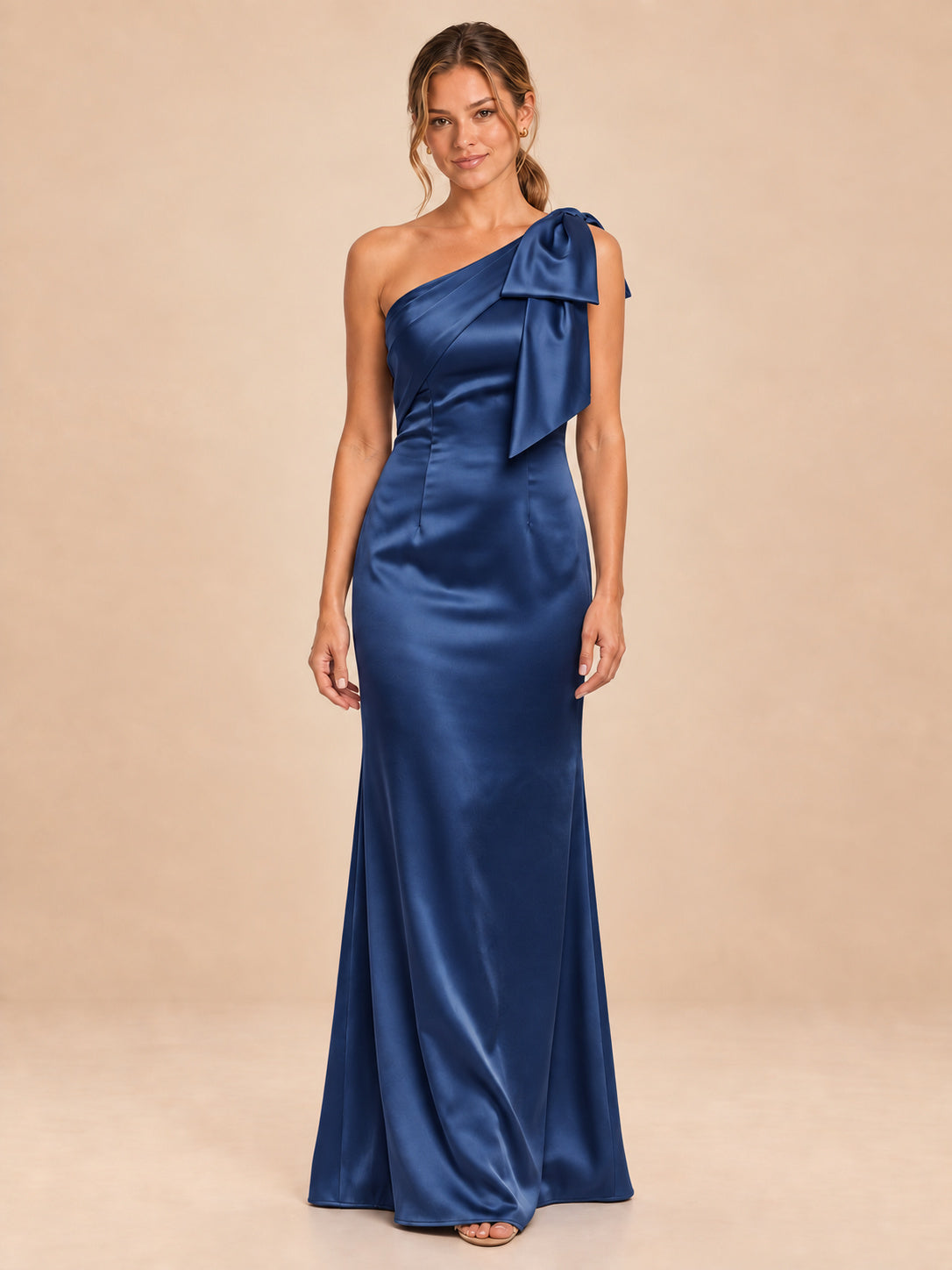 One-Shoulder Bow Satin Bridesmaid Dress