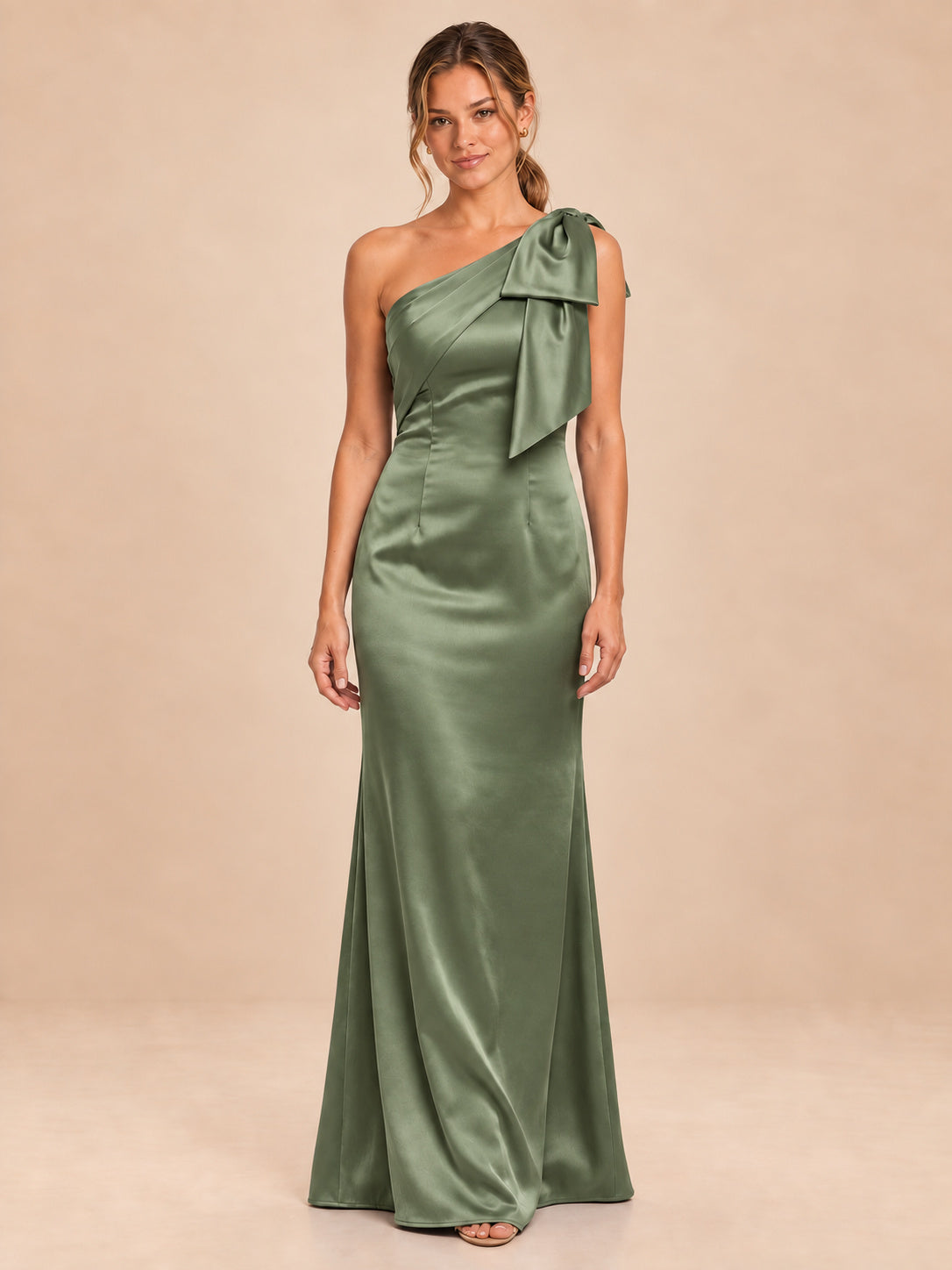 One-Shoulder Bow Satin Bridesmaid Dress