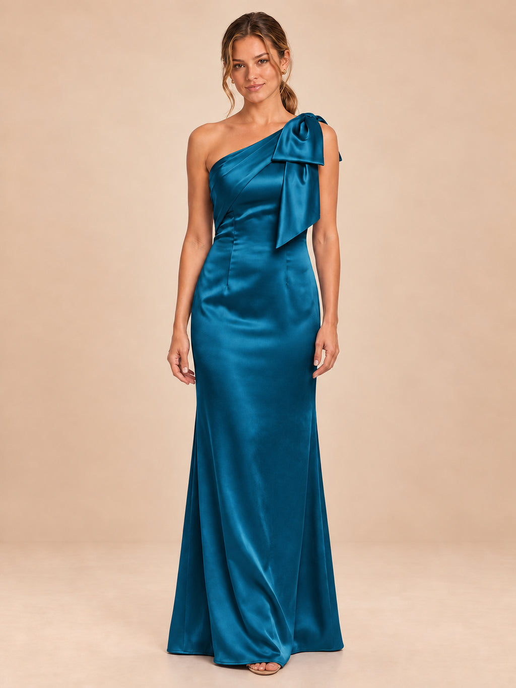 One-Shoulder Bow Satin Bridesmaid Dress