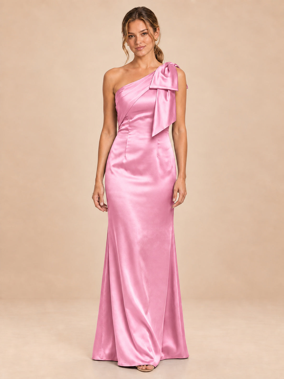One-Shoulder Bow Satin Bridesmaid Dress