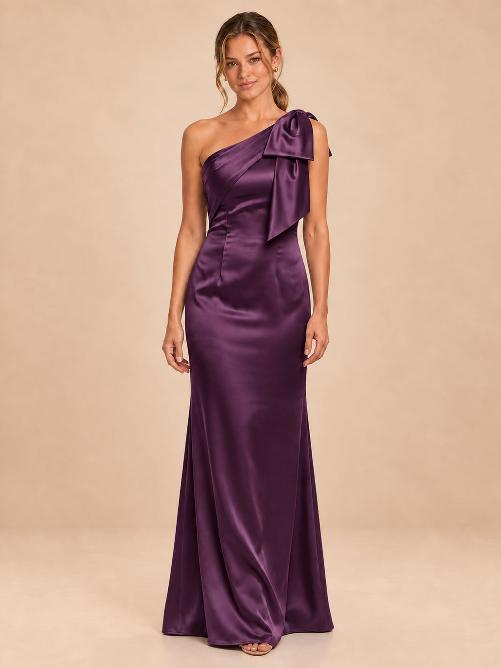 One-Shoulder Bow Satin Bridesmaid Dress