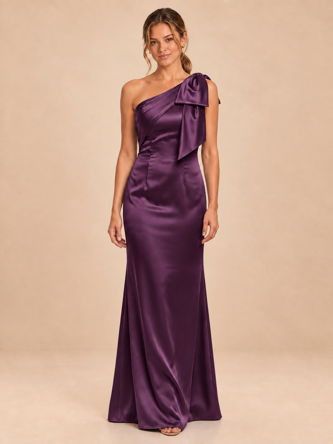 One-Shoulder Bow Satin Bridesmaid Dress
