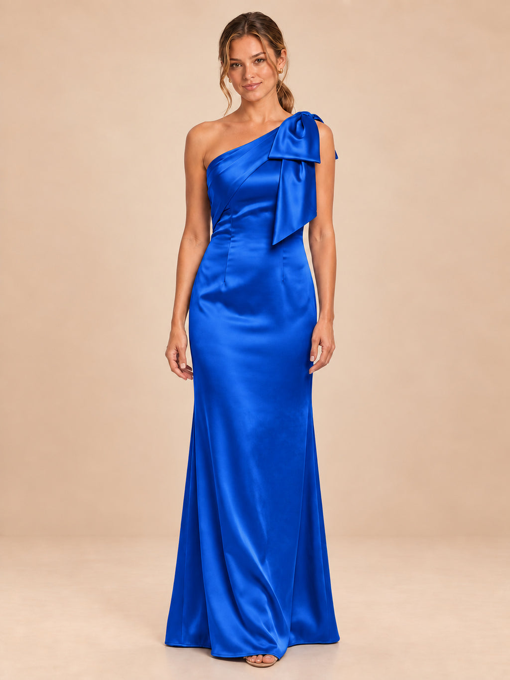 One-Shoulder Bow Satin Bridesmaid Dress