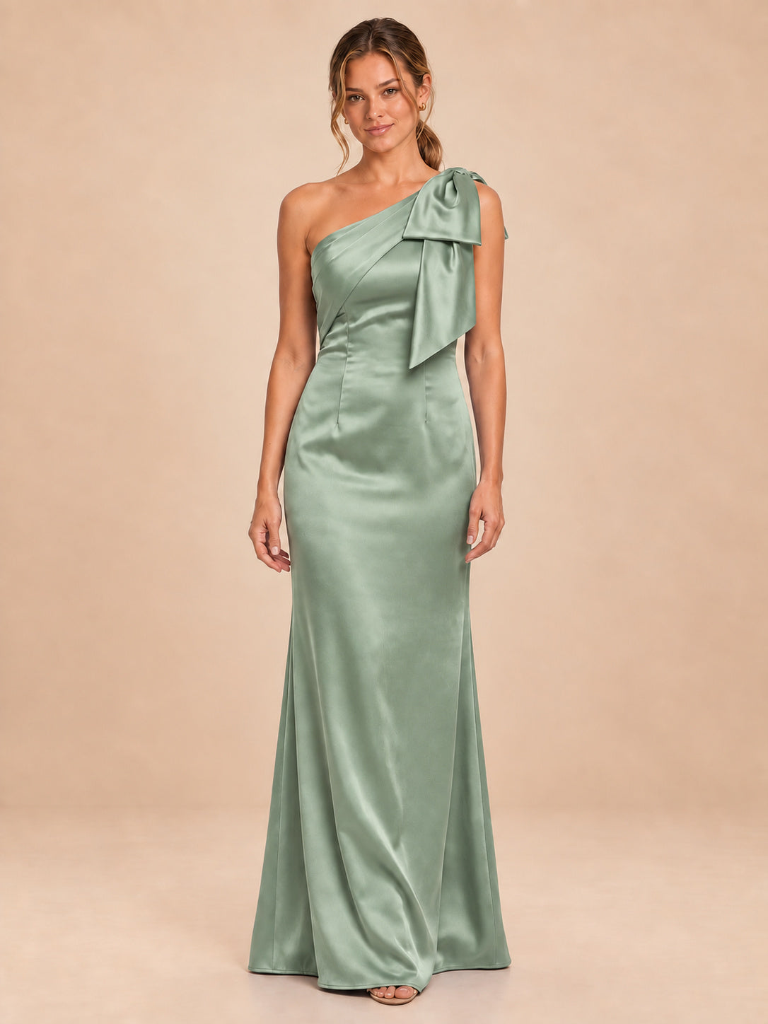 One-Shoulder Bow Satin Bridesmaid Dress