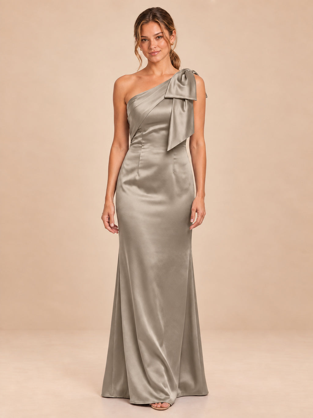 One-Shoulder Bow Satin Bridesmaid Dress