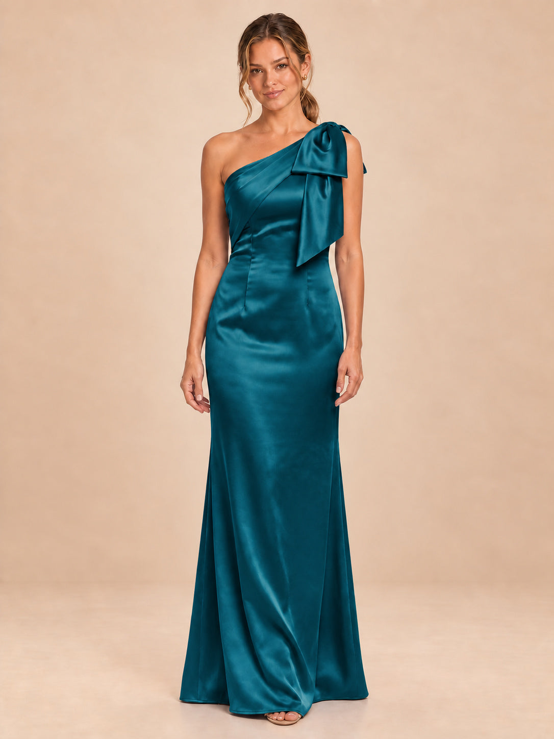 One-Shoulder Bow Satin Bridesmaid Dress