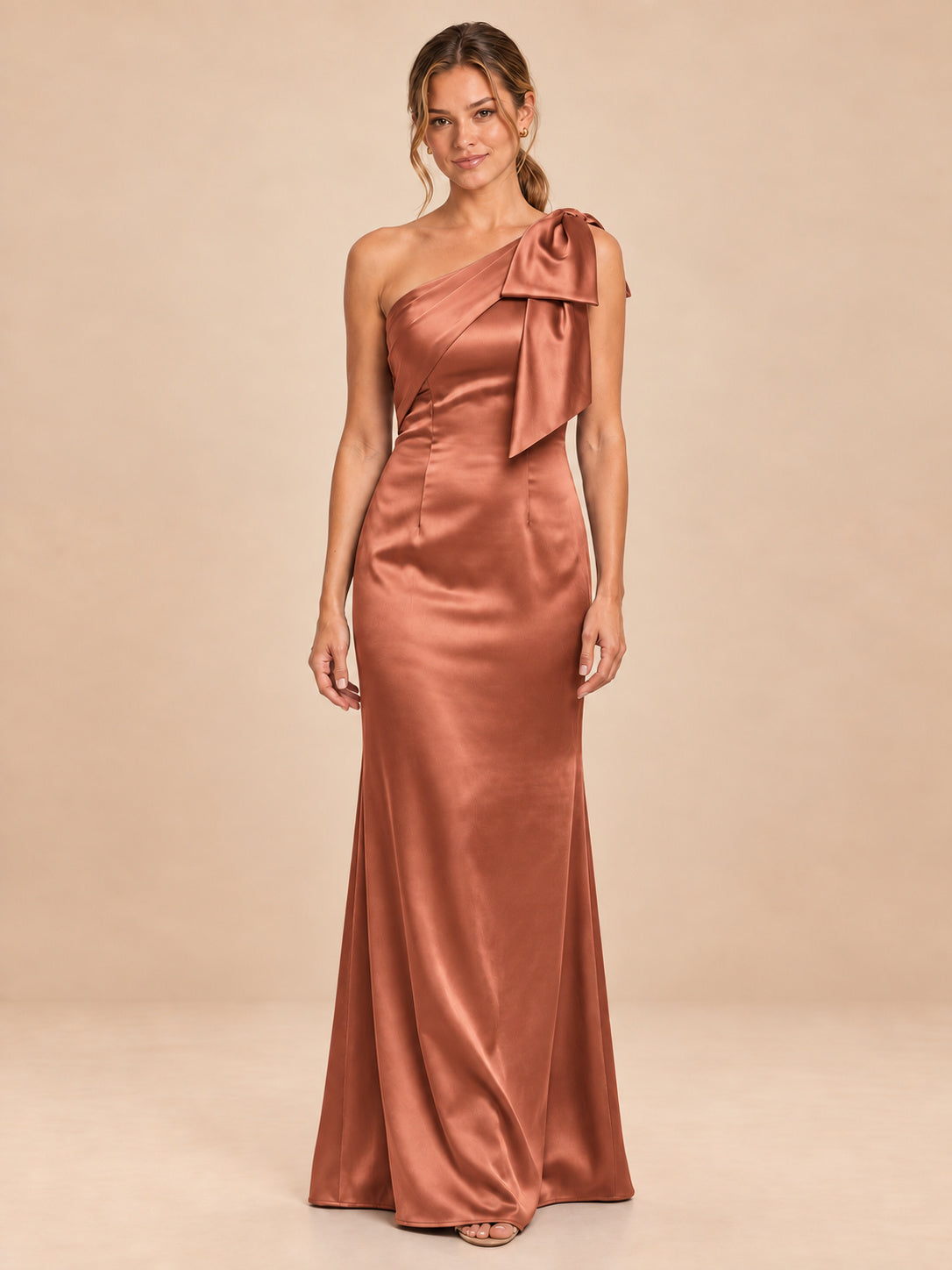 One-Shoulder Bow Satin Bridesmaid Dress