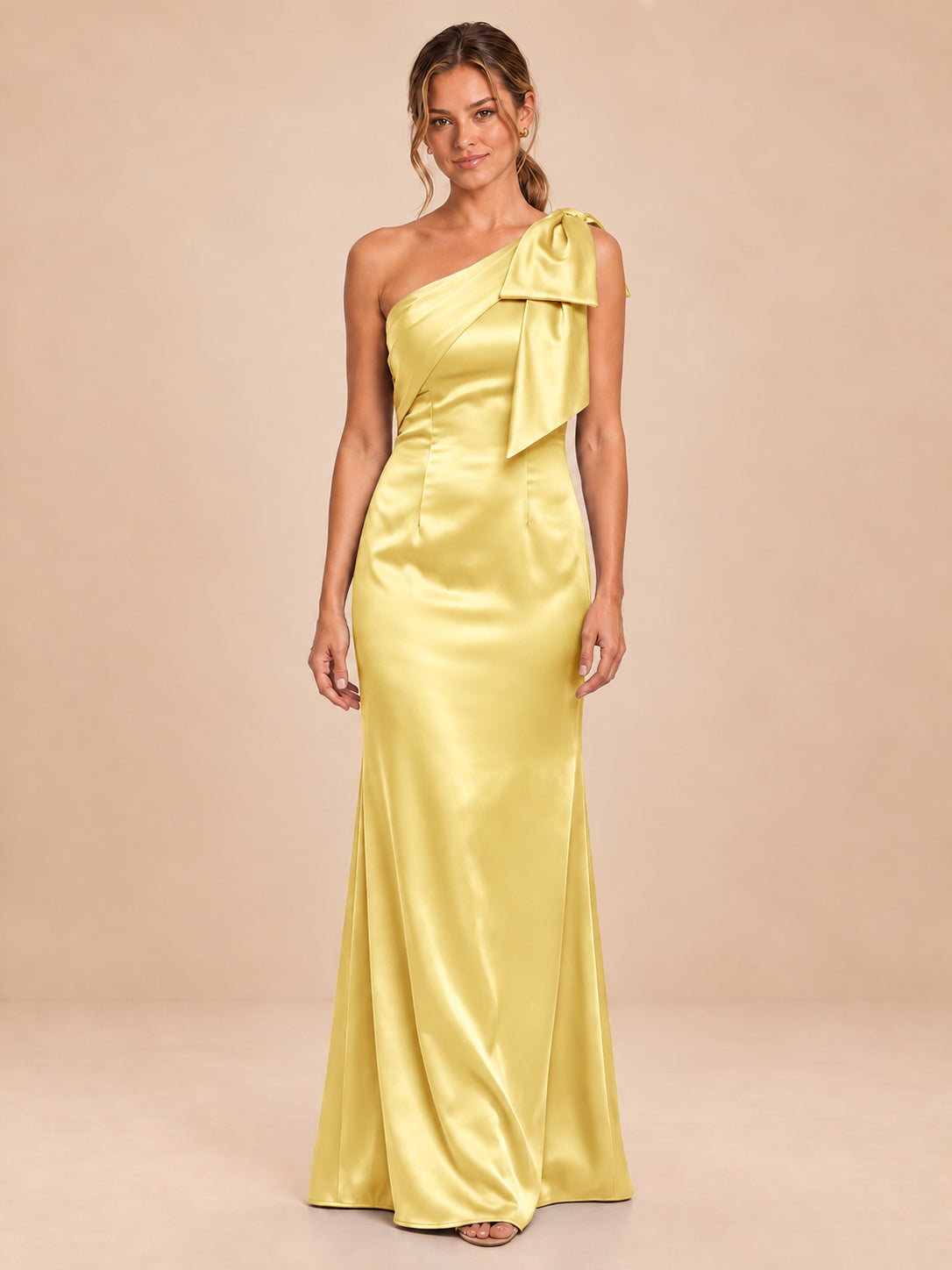 One-Shoulder Bow Satin Bridesmaid Dress