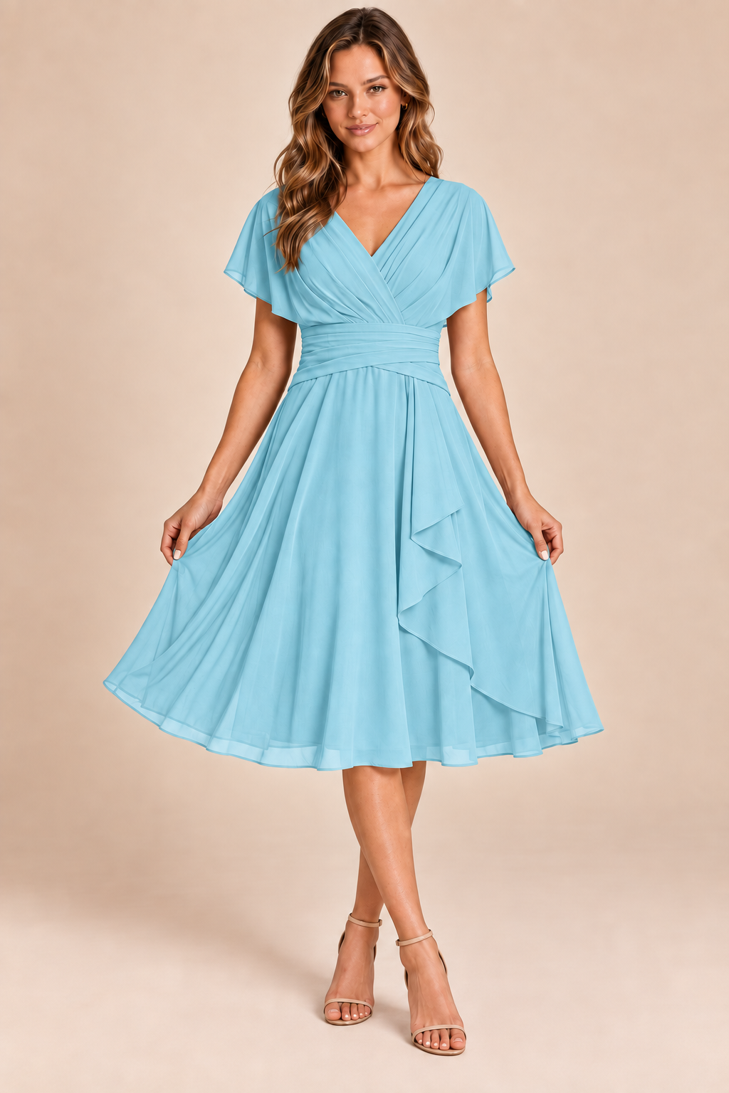 Baby Blue V-neck flutter-sleeve chiffon midi dress, front view