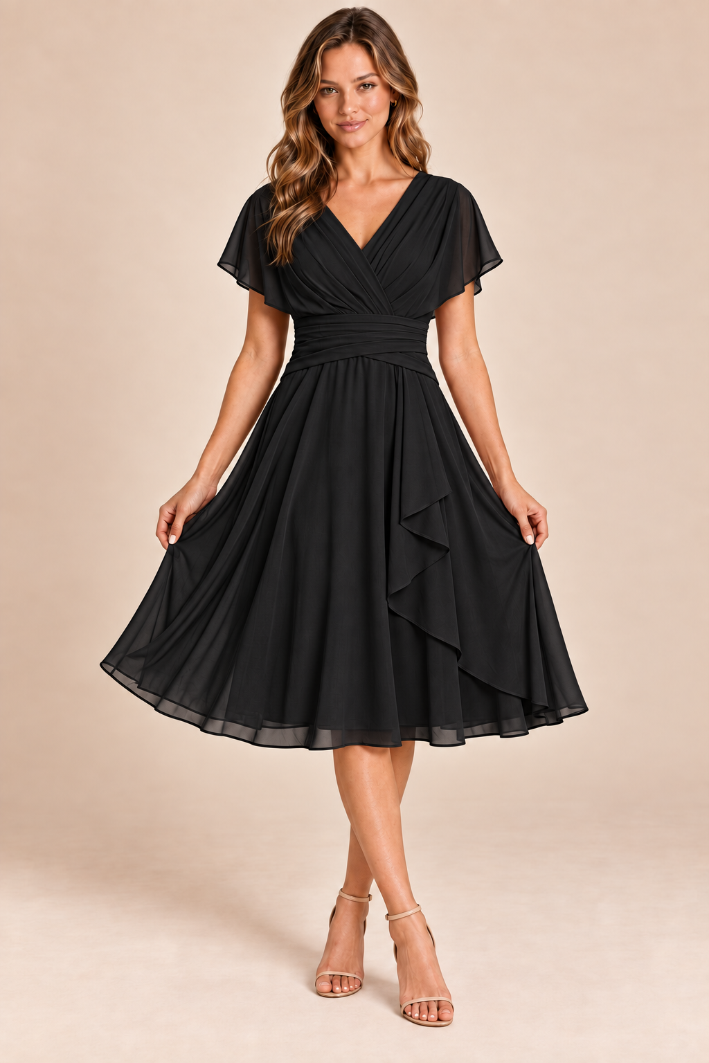 Black V-neck flutter-sleeve chiffon midi dress, front view
