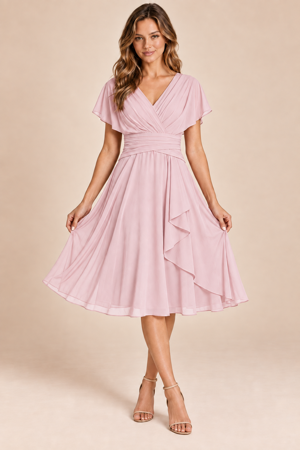 Blush Pink V-neck flutter-sleeve chiffon midi dress, front view