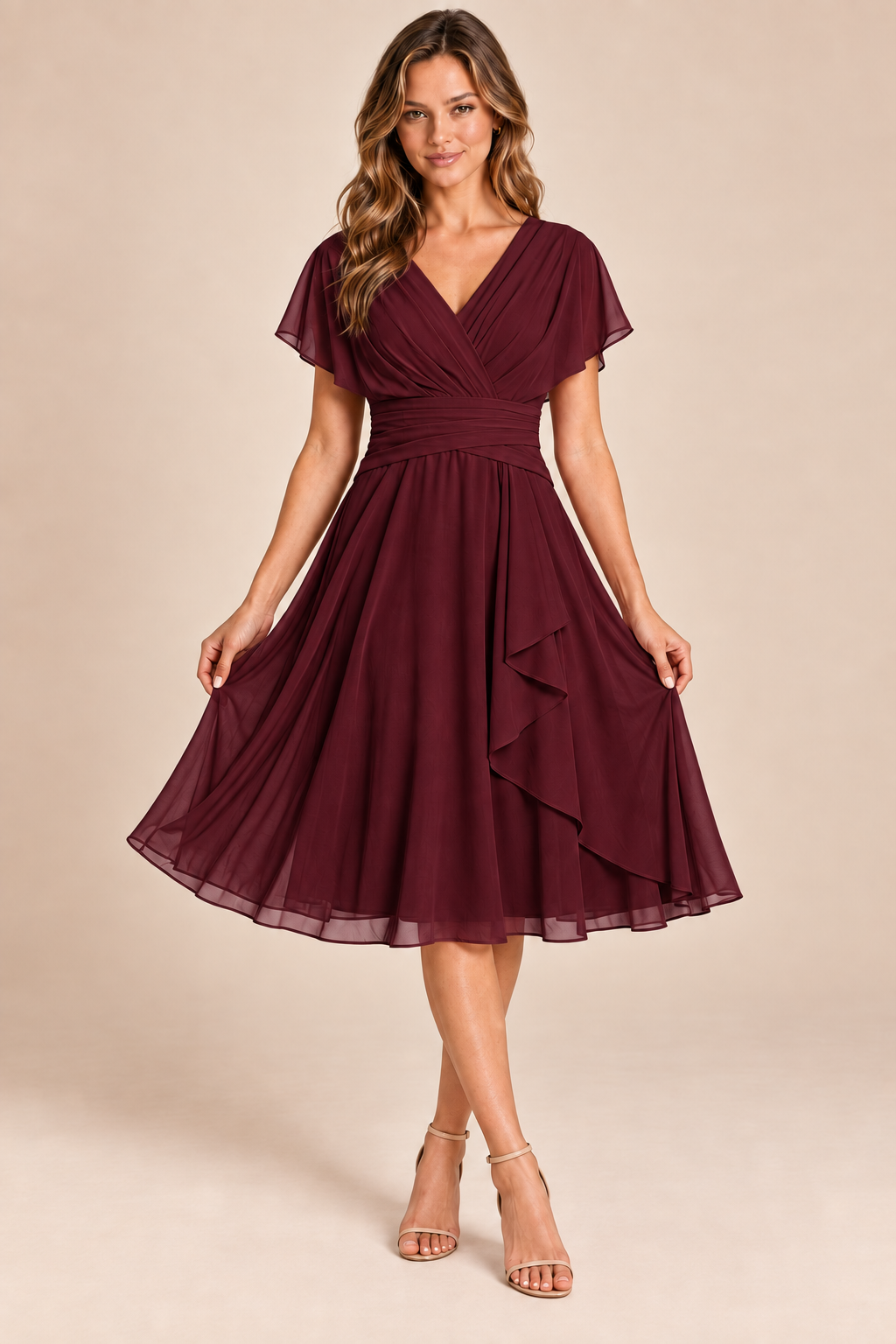 Burgundy V-neck flutter-sleeve chiffon midi dress, front view