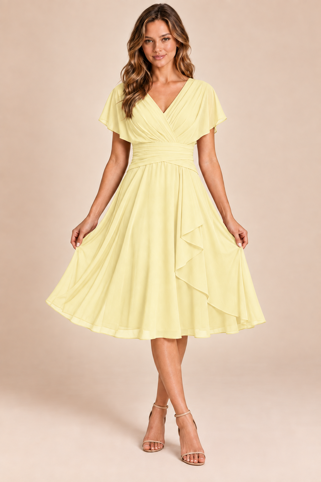Butter Yellow V-neck flutter-sleeve chiffon midi dress, front view