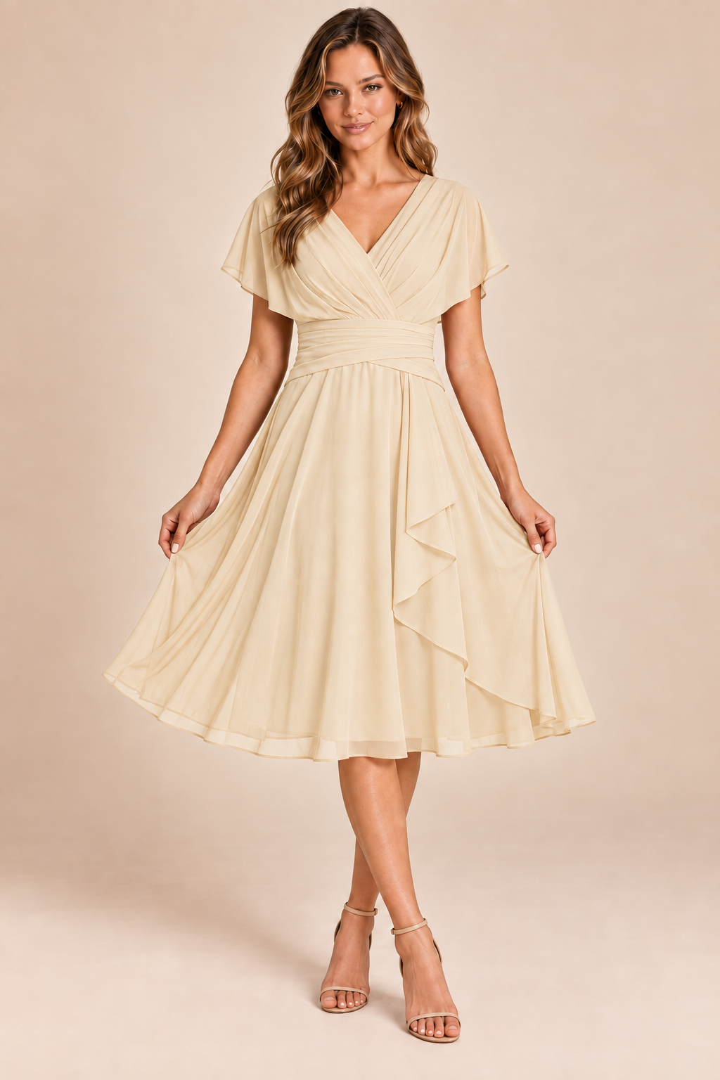 Champagne V-neck flutter-sleeve chiffon midi dress, front view