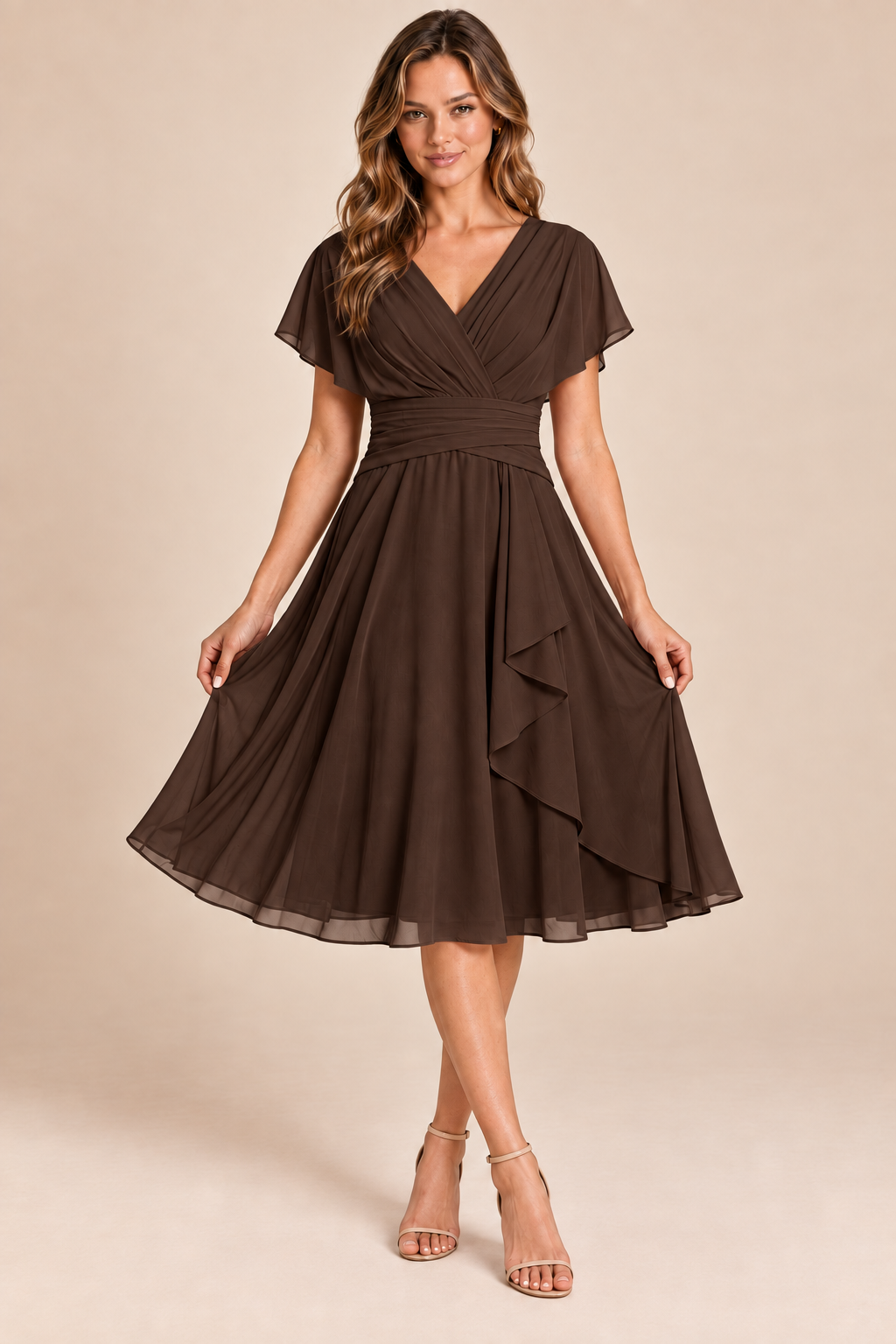 Chocolate Brown V-neck flutter-sleeve chiffon midi dress, front view