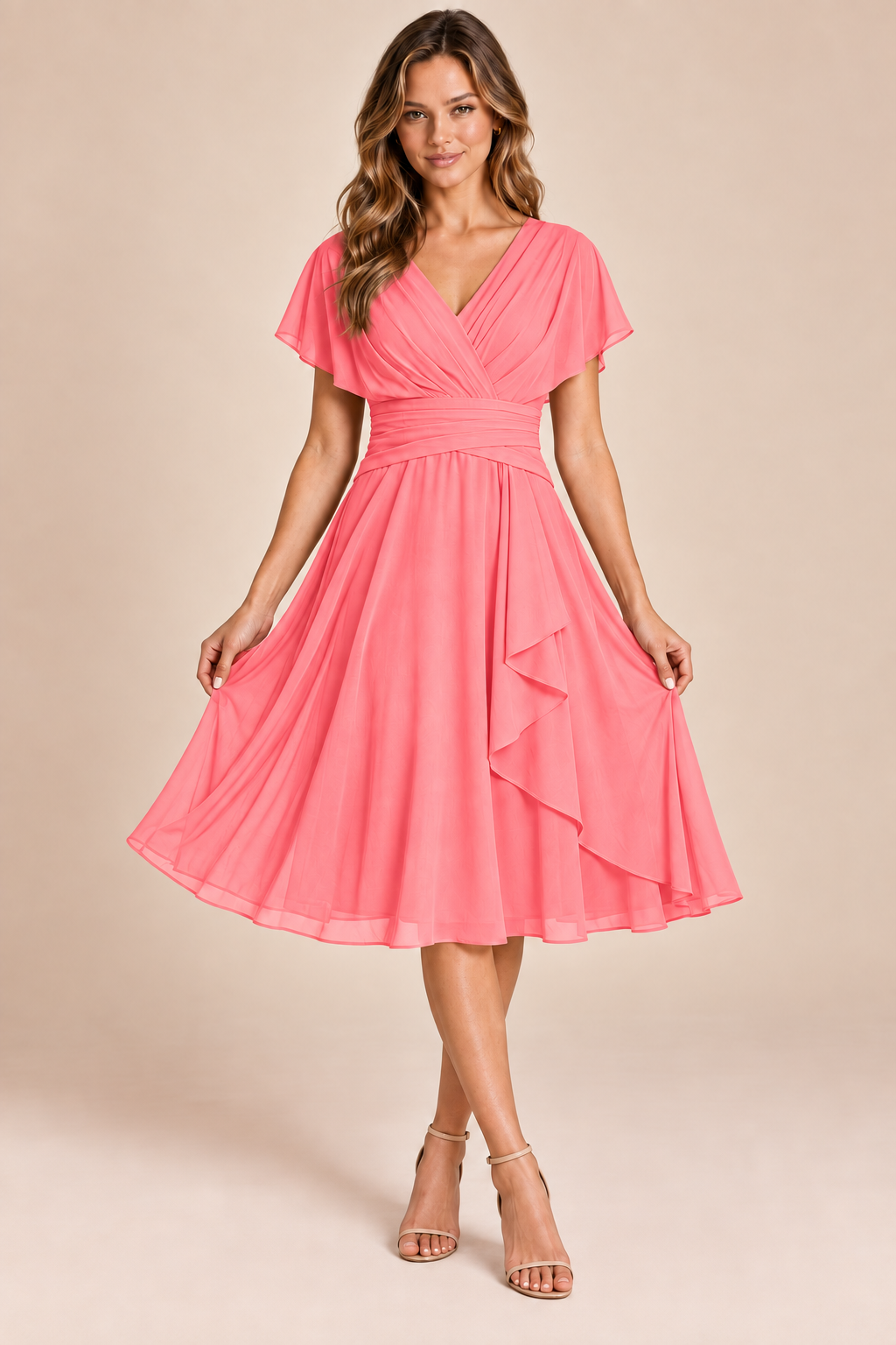 Coral V-neck flutter-sleeve chiffon midi dress, front view