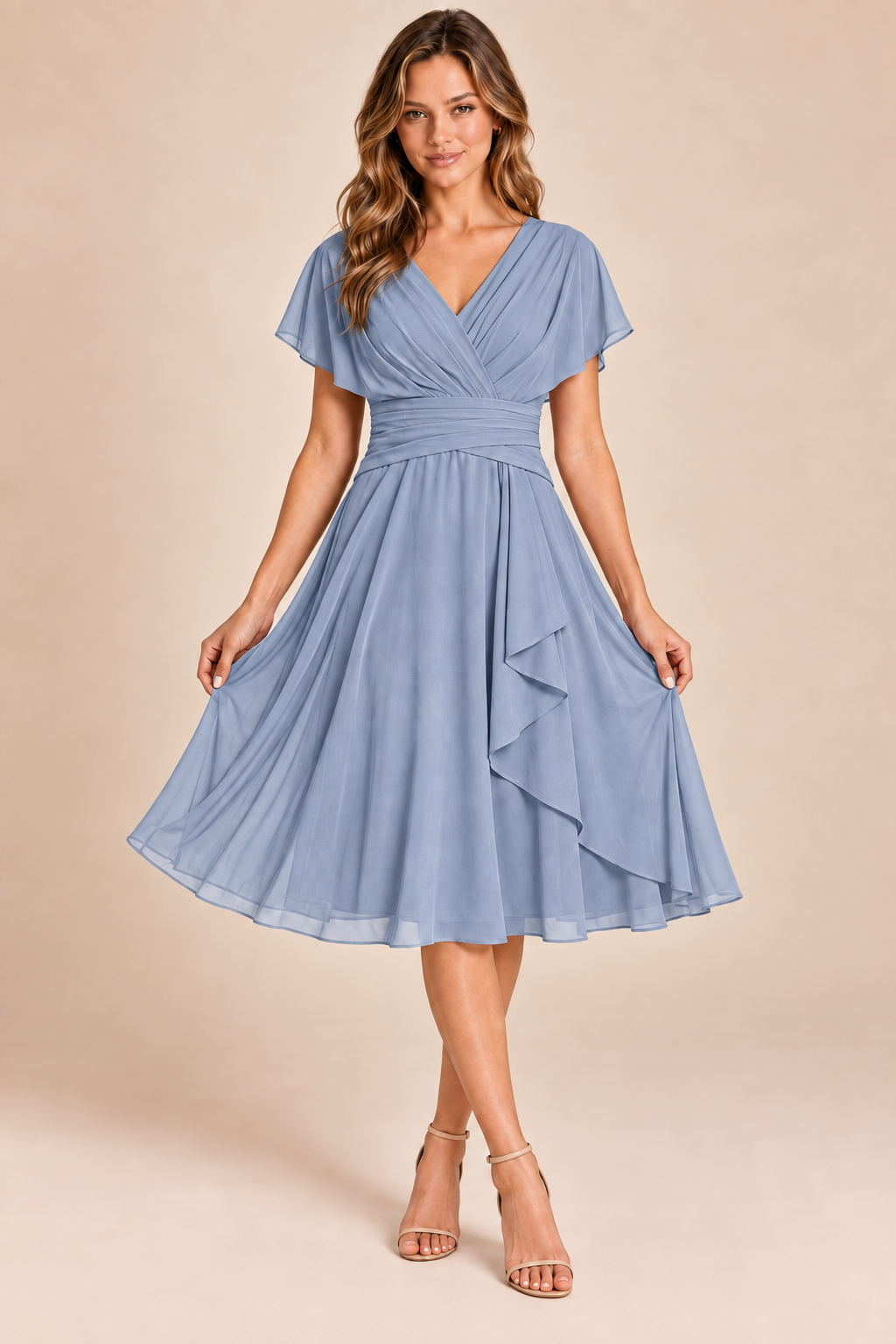 Dusty Blue V-neck flutter-sleeve chiffon midi dress, front view
