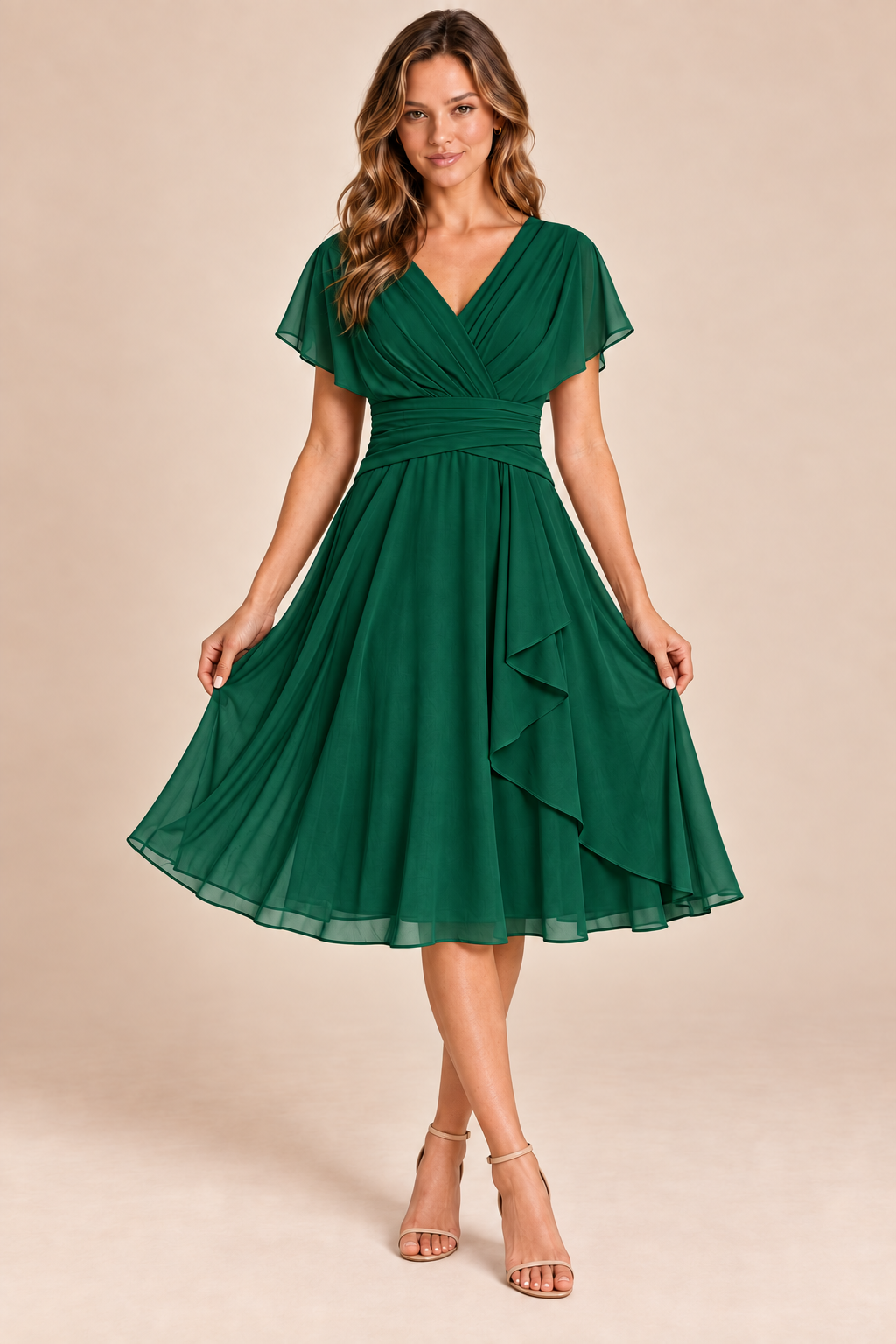 Emerald Green V-neck flutter-sleeve chiffon midi dress, front view