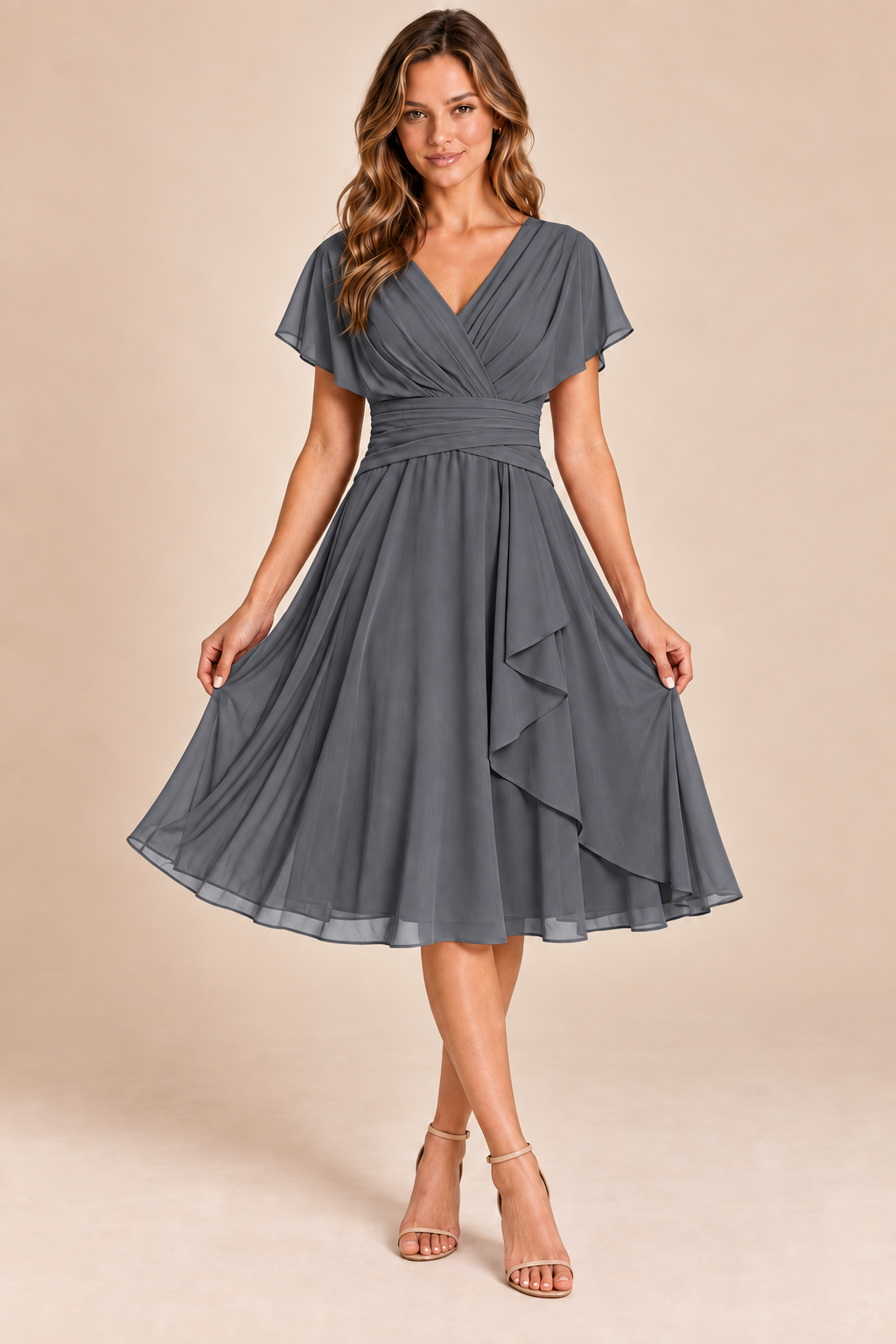 Gray V-neck flutter-sleeve chiffon midi dress, front view