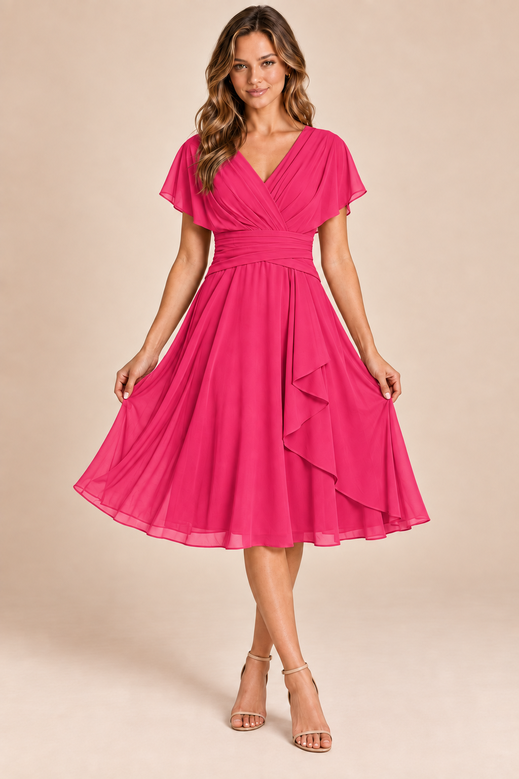 Hot Pink V-neck flutter-sleeve chiffon midi dress, front view