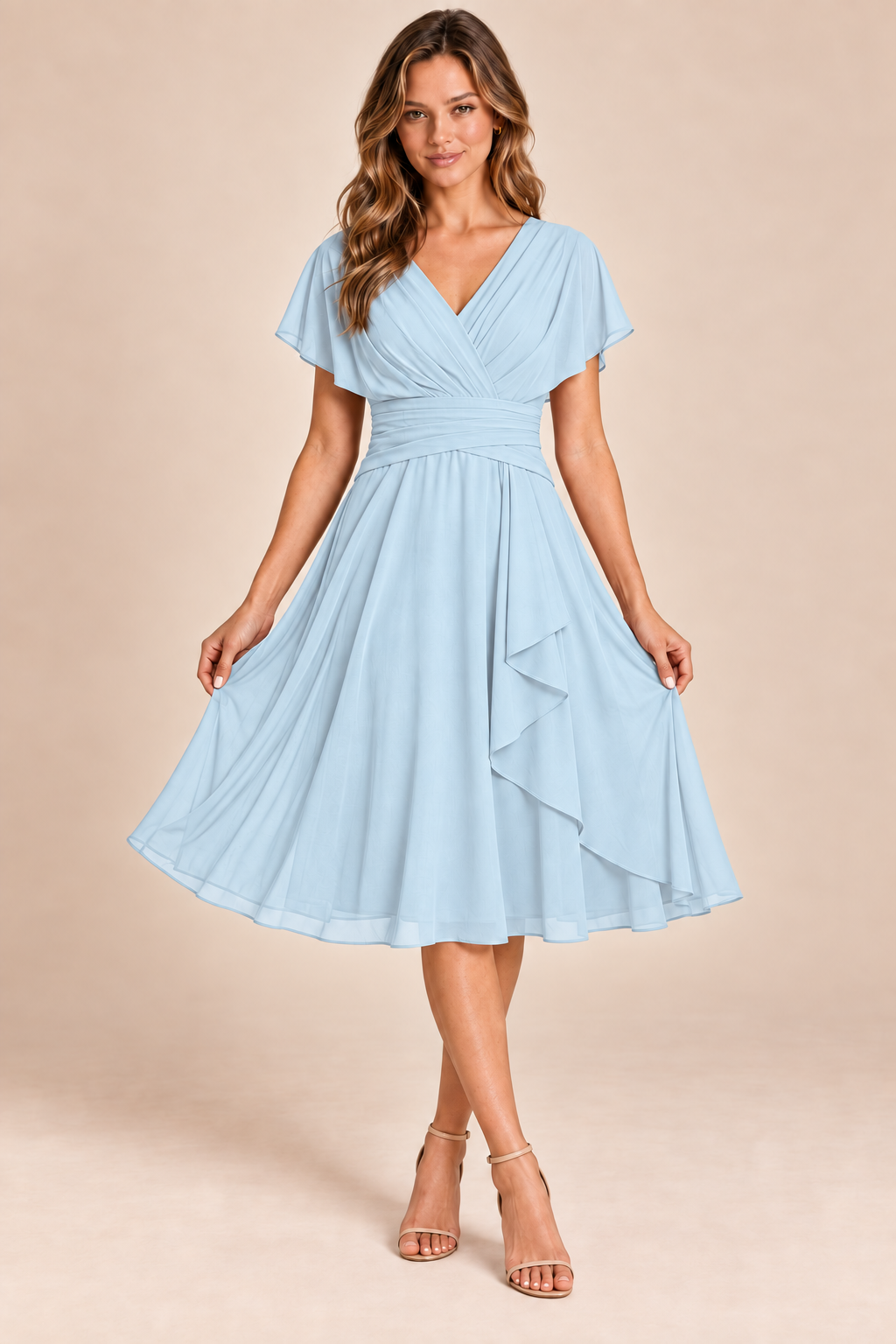 Ice Blue V-neck flutter-sleeve chiffon midi dress, front view