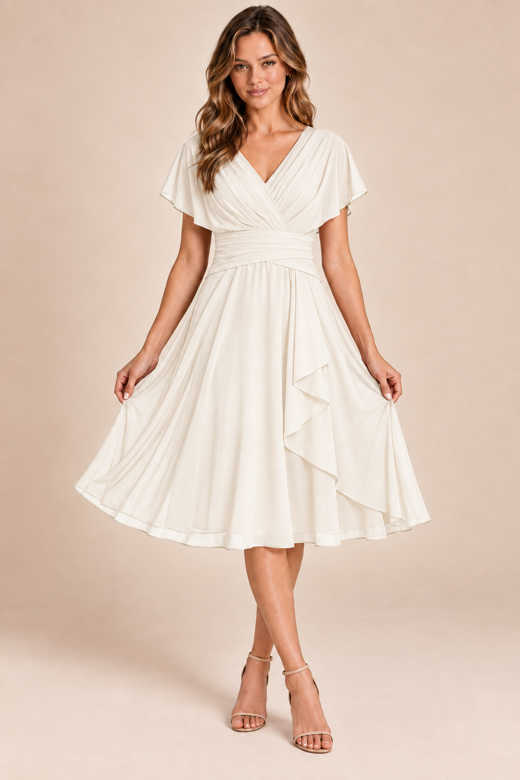 Ivory V-neck flutter-sleeve chiffon midi dress, front view