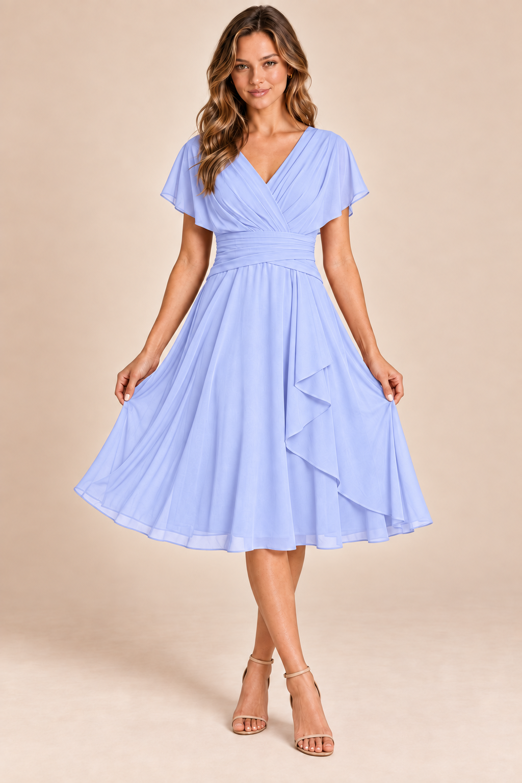 Lavender V-neck flutter-sleeve chiffon midi dress, front view