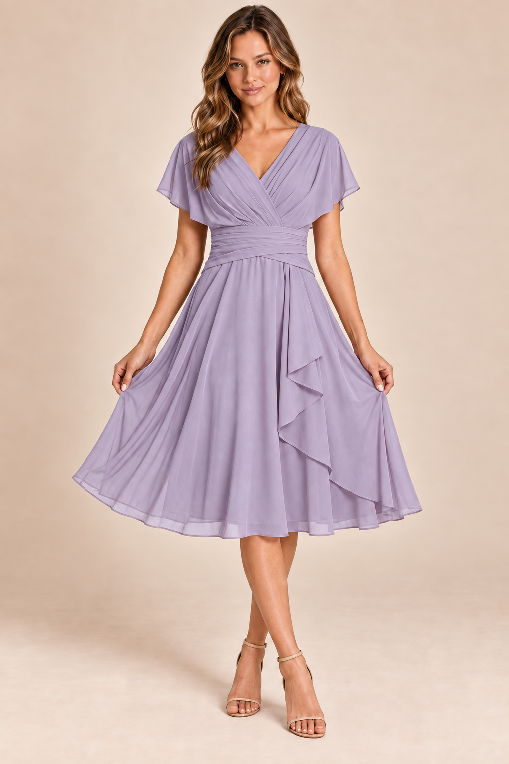 Mauve V-neck flutter-sleeve chiffon midi dress, front view