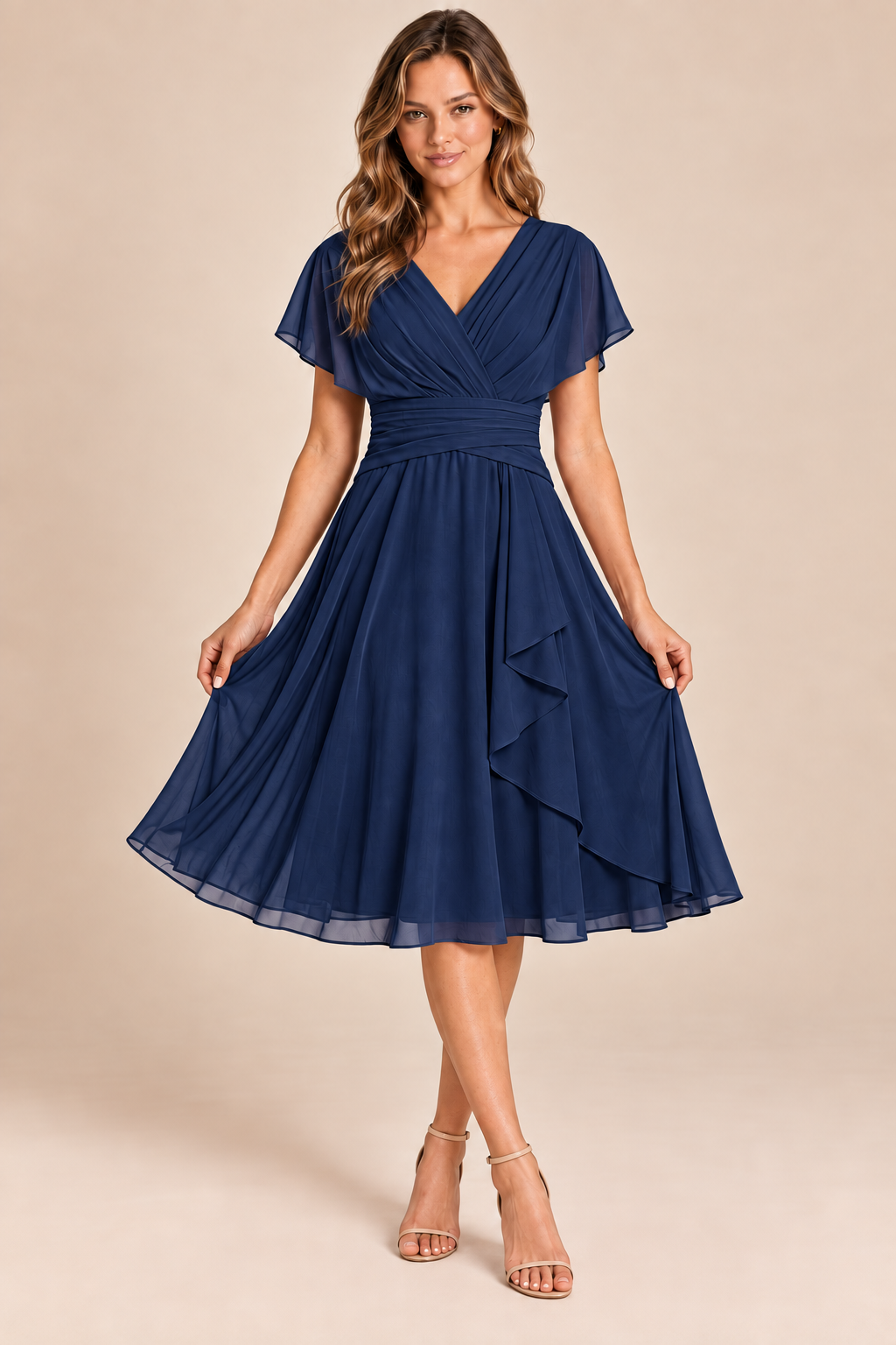 Navy Blue V-neck flutter-sleeve chiffon midi dress, front view
