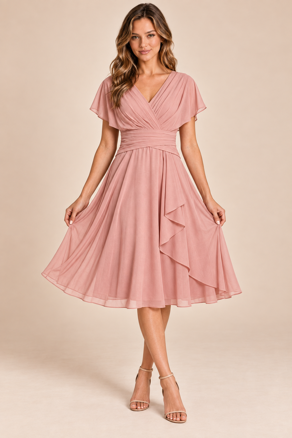 Dusty Rose V-neck chiffon midi dress, front view