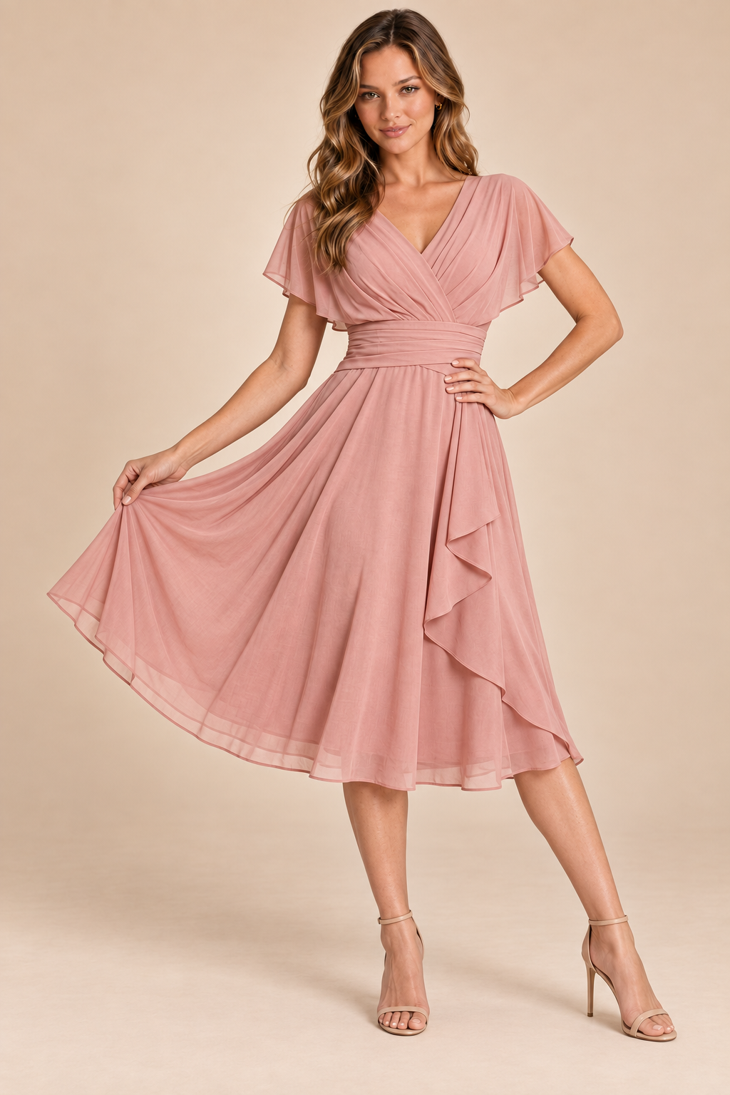 Dusty Rose chiffon midi dress, front pose