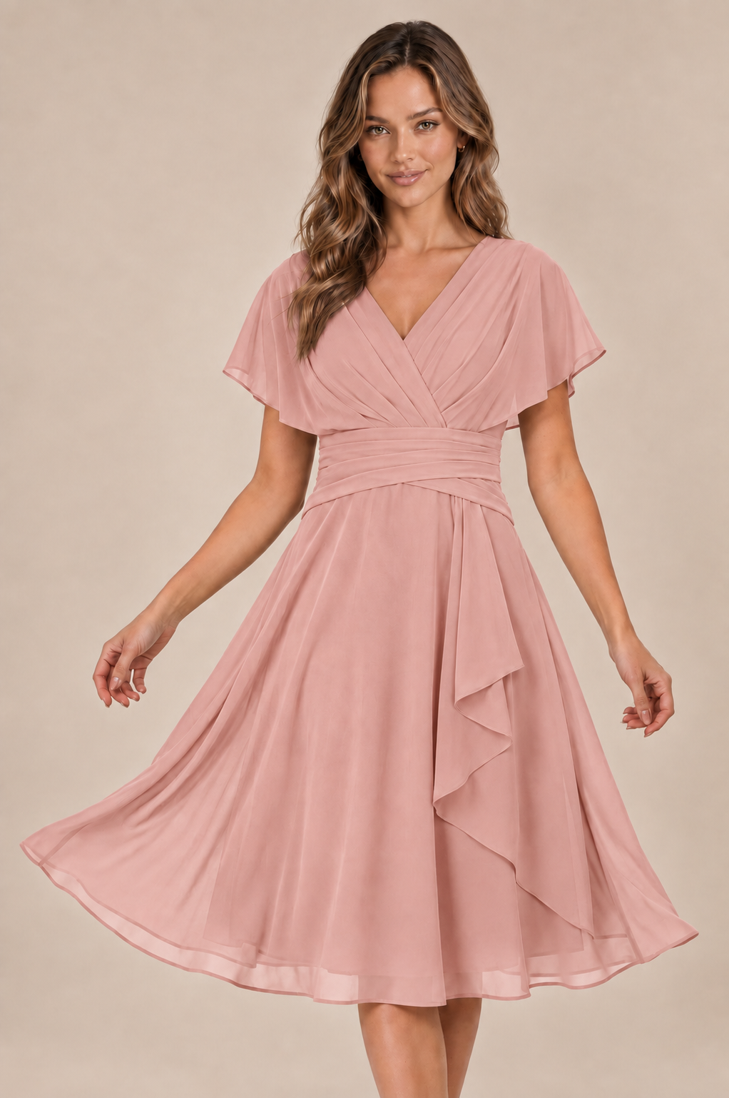 Dusty Rose chiffon midi dress with a flowing skirt, front movement view