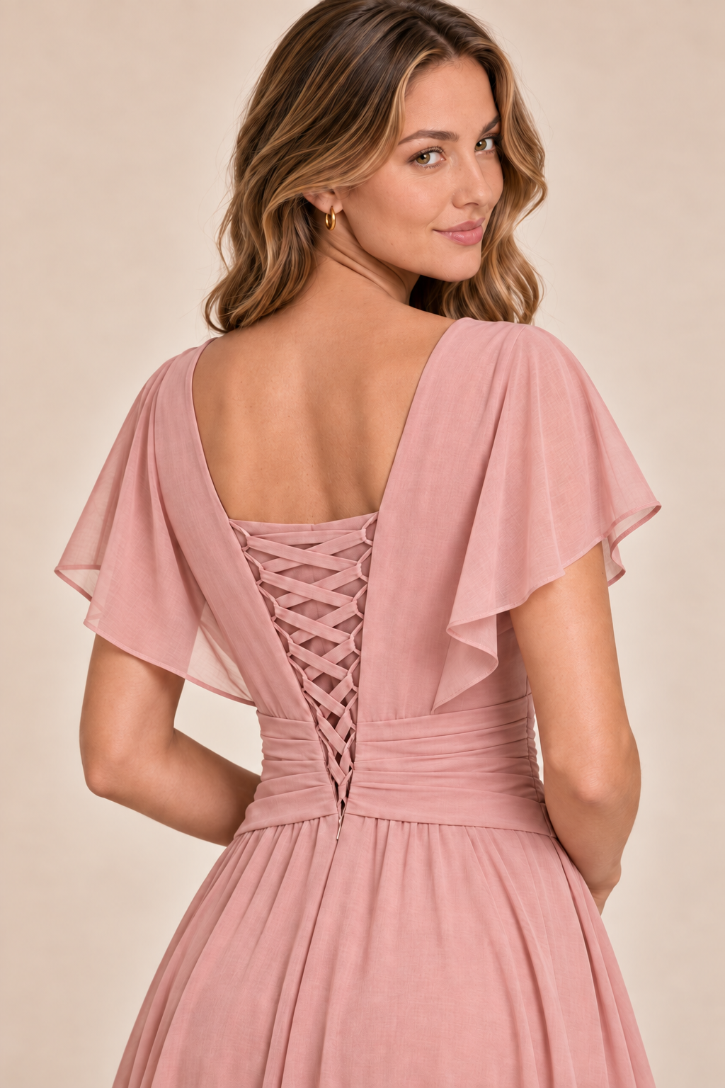 Dusty Rose chiffon midi dress, lace-up back detail