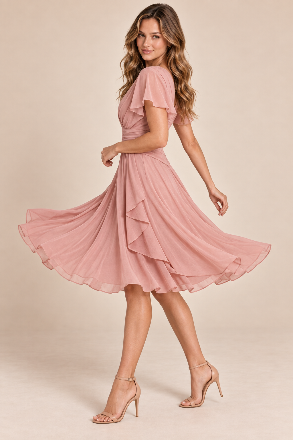Dusty Rose chiffon midi dress, side movement view