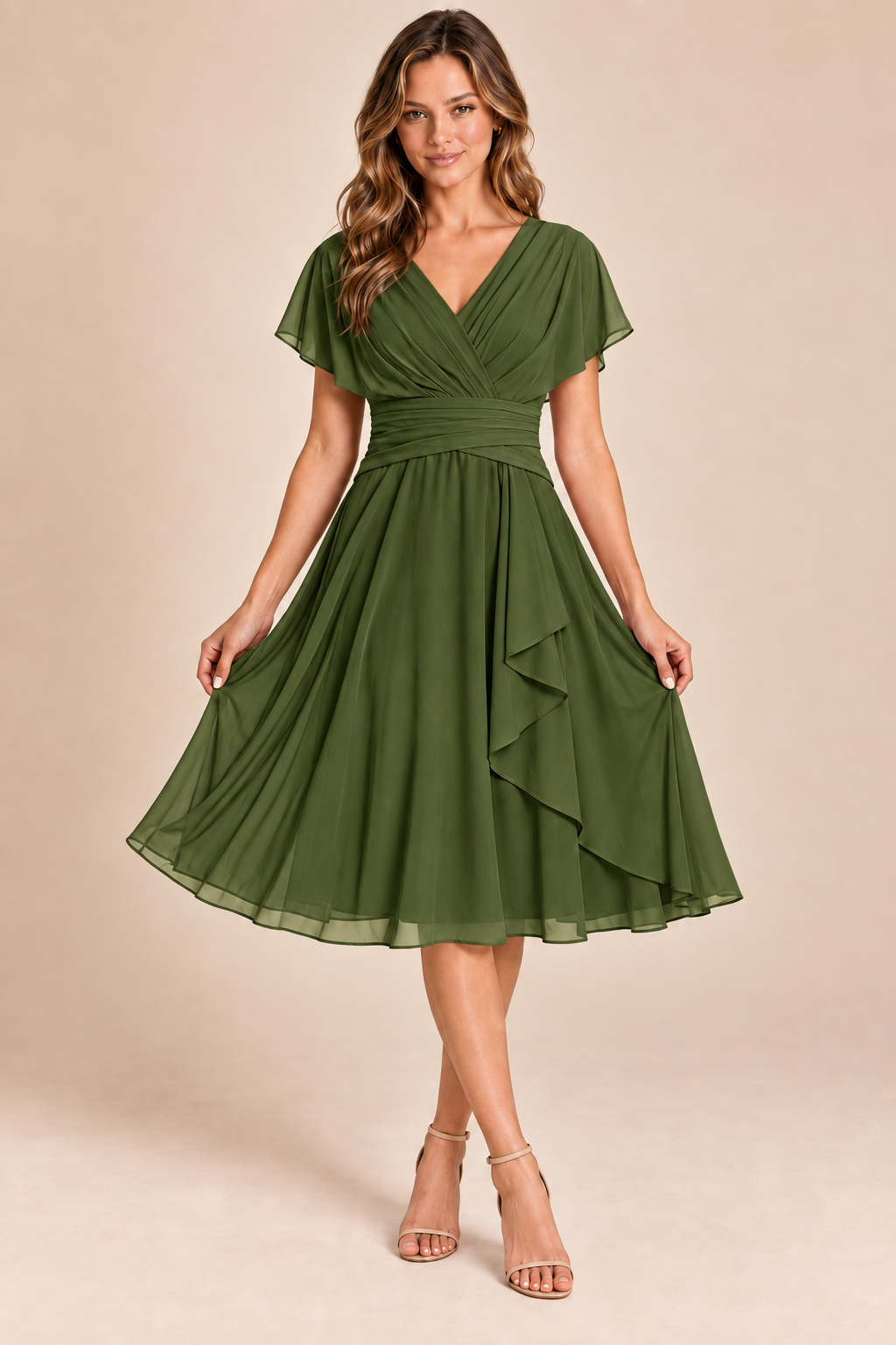 Olive Green V-neck flutter-sleeve chiffon midi dress, front view
