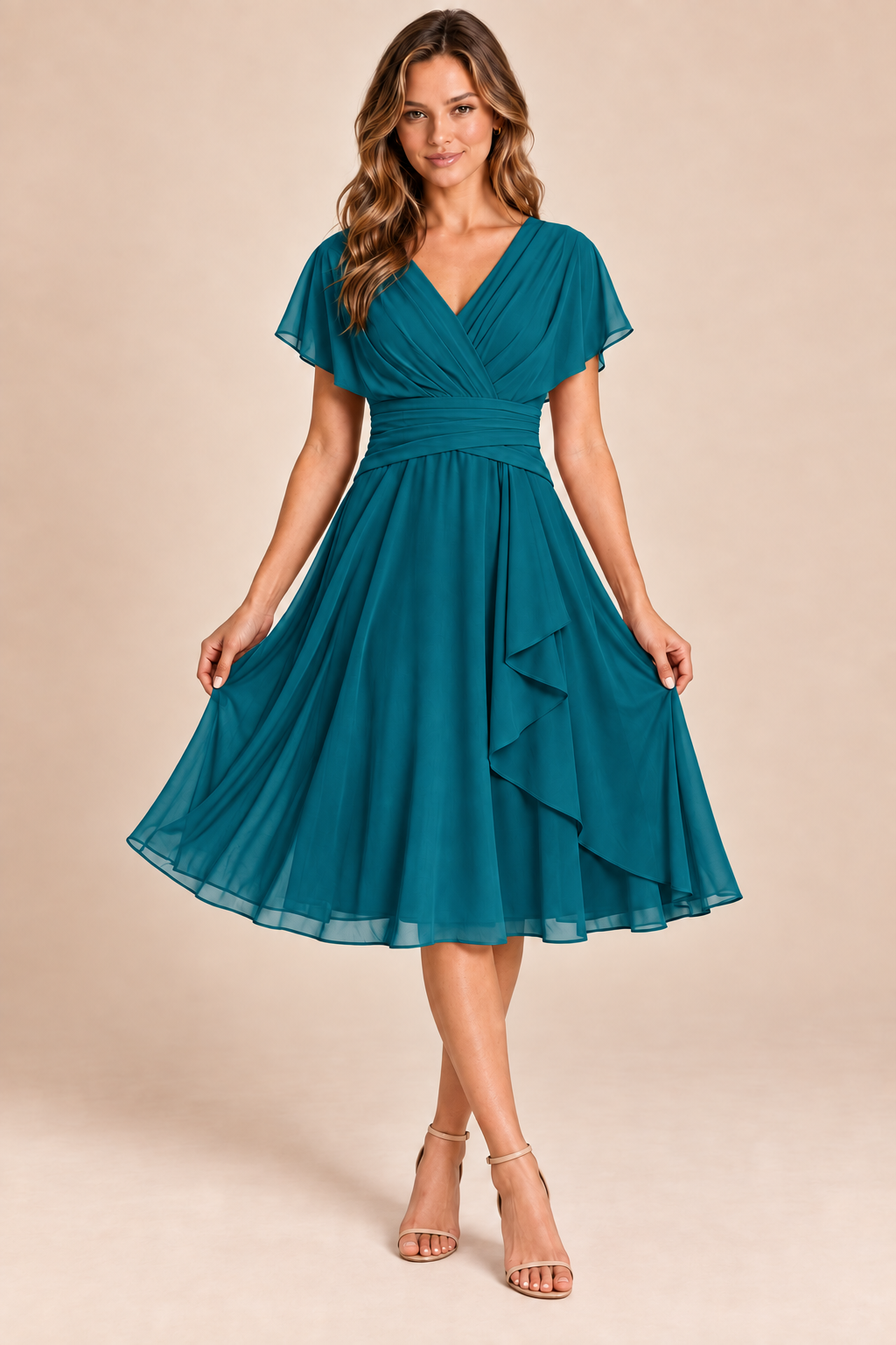 Peacock V-neck flutter-sleeve chiffon midi dress, front view