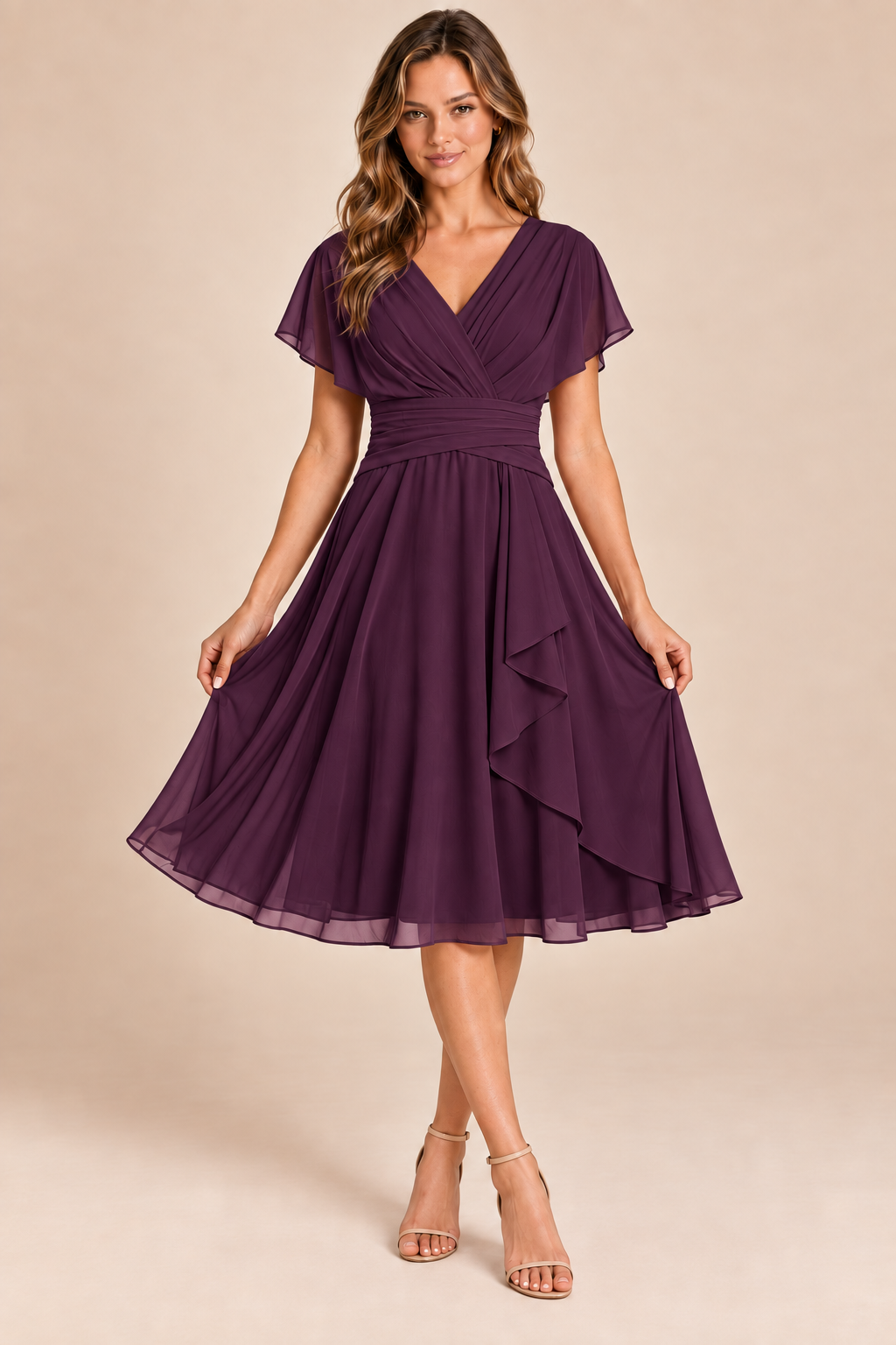 Plum V-neck flutter-sleeve chiffon midi dress, front view