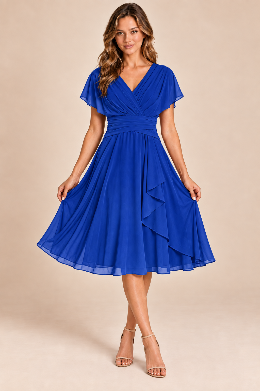Royal Blue V-neck flutter-sleeve chiffon midi dress, front view