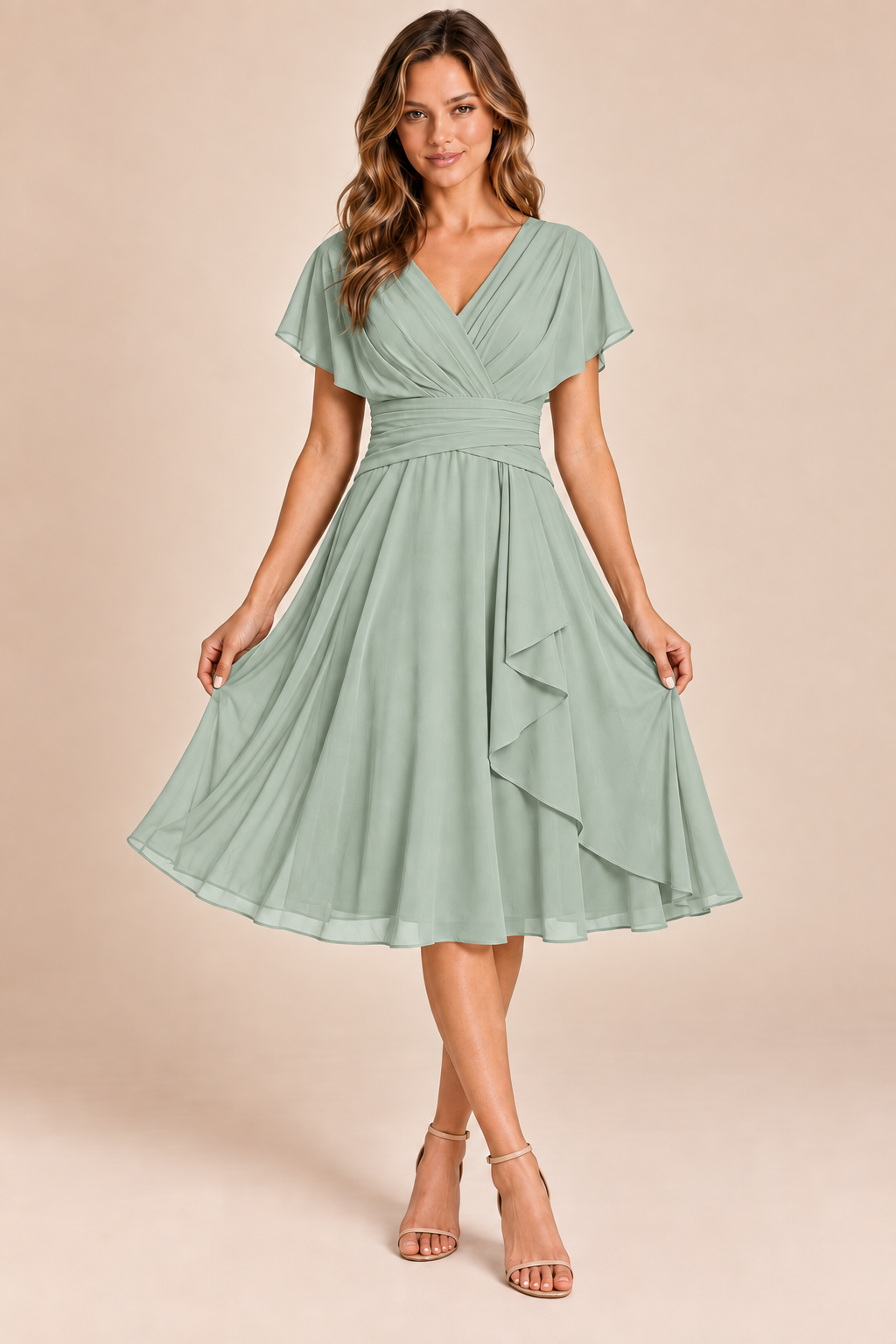 Sage Green V-neck flutter-sleeve chiffon midi dress, front view