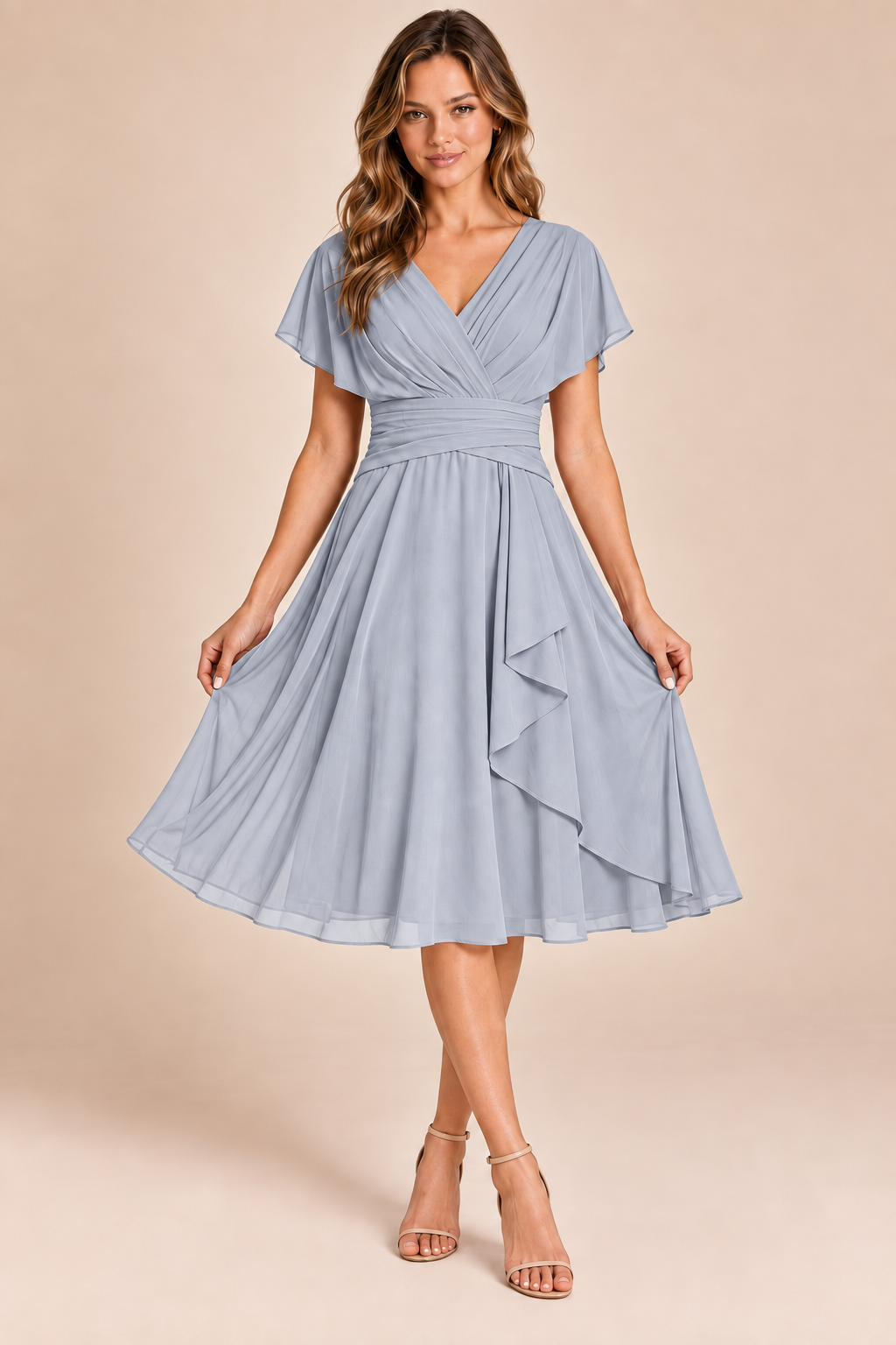 Silver V-neck flutter-sleeve chiffon midi dress, front view
