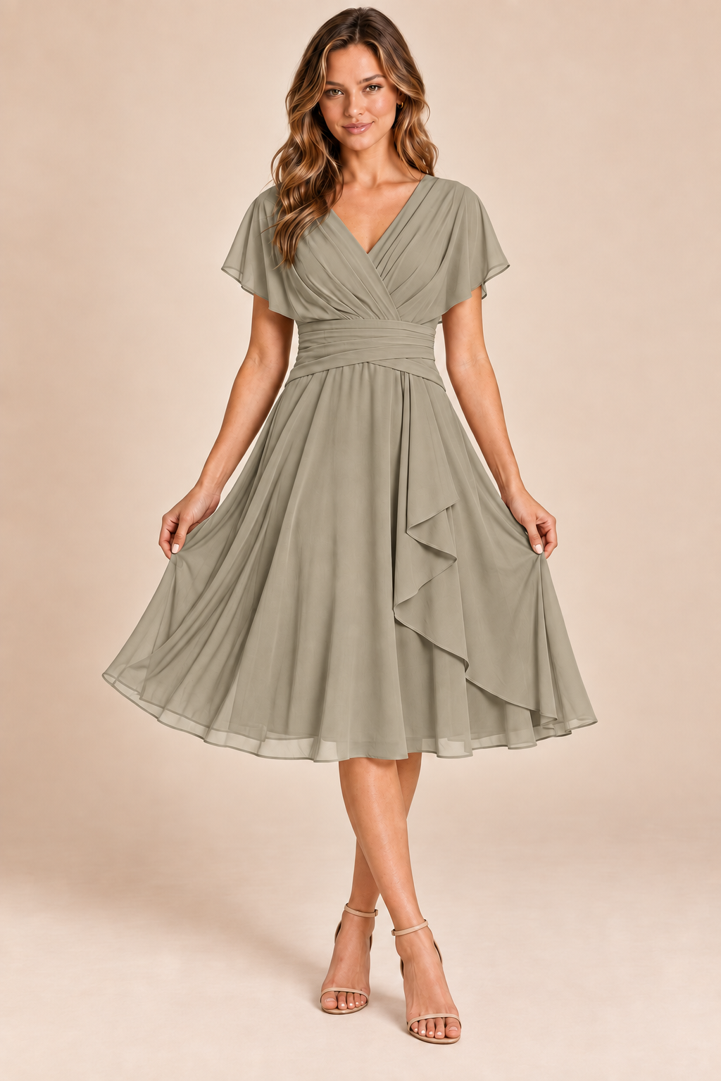 Taupe V-neck flutter-sleeve chiffon midi dress, front view