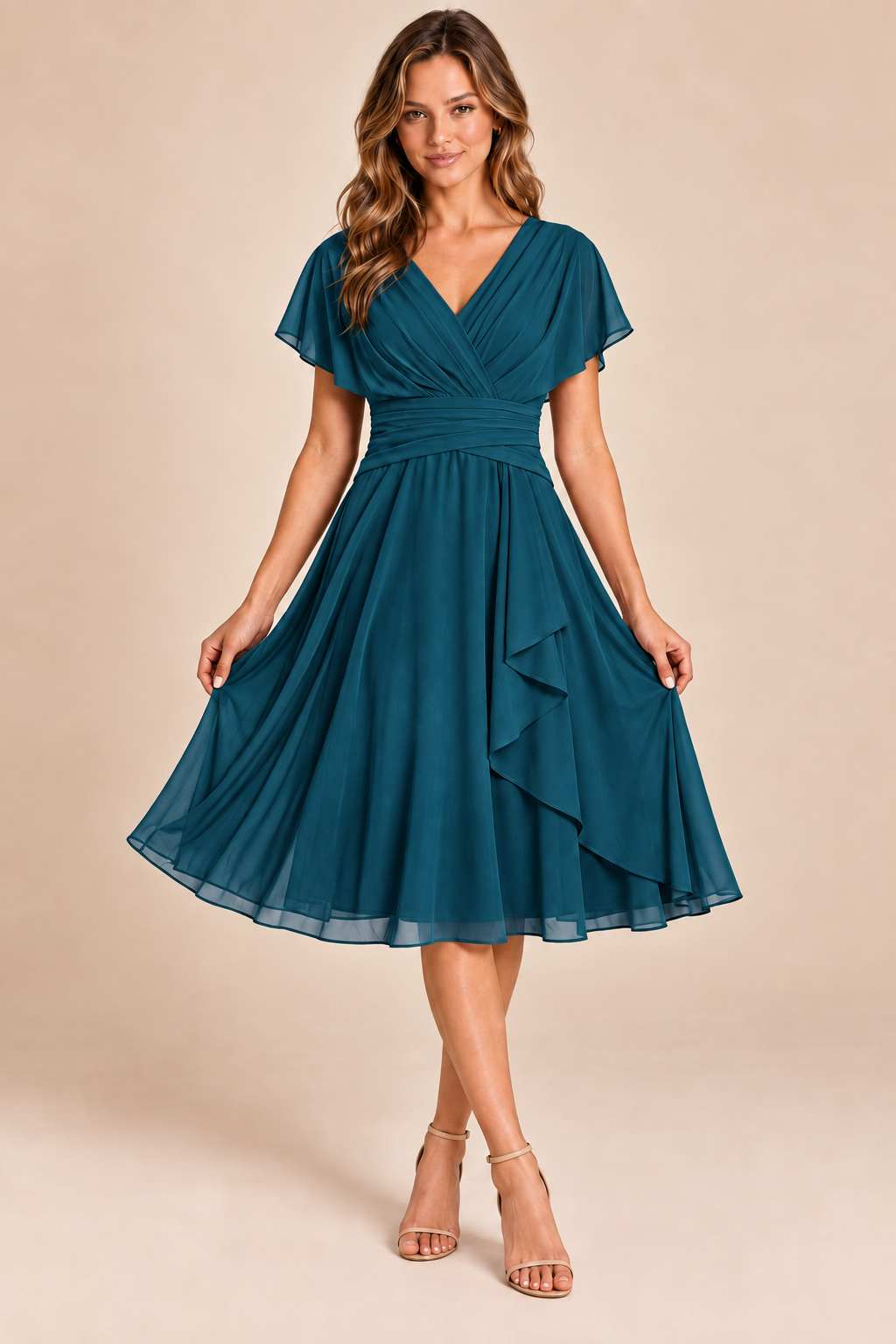 Teal V-neck flutter-sleeve chiffon midi dress, front view
